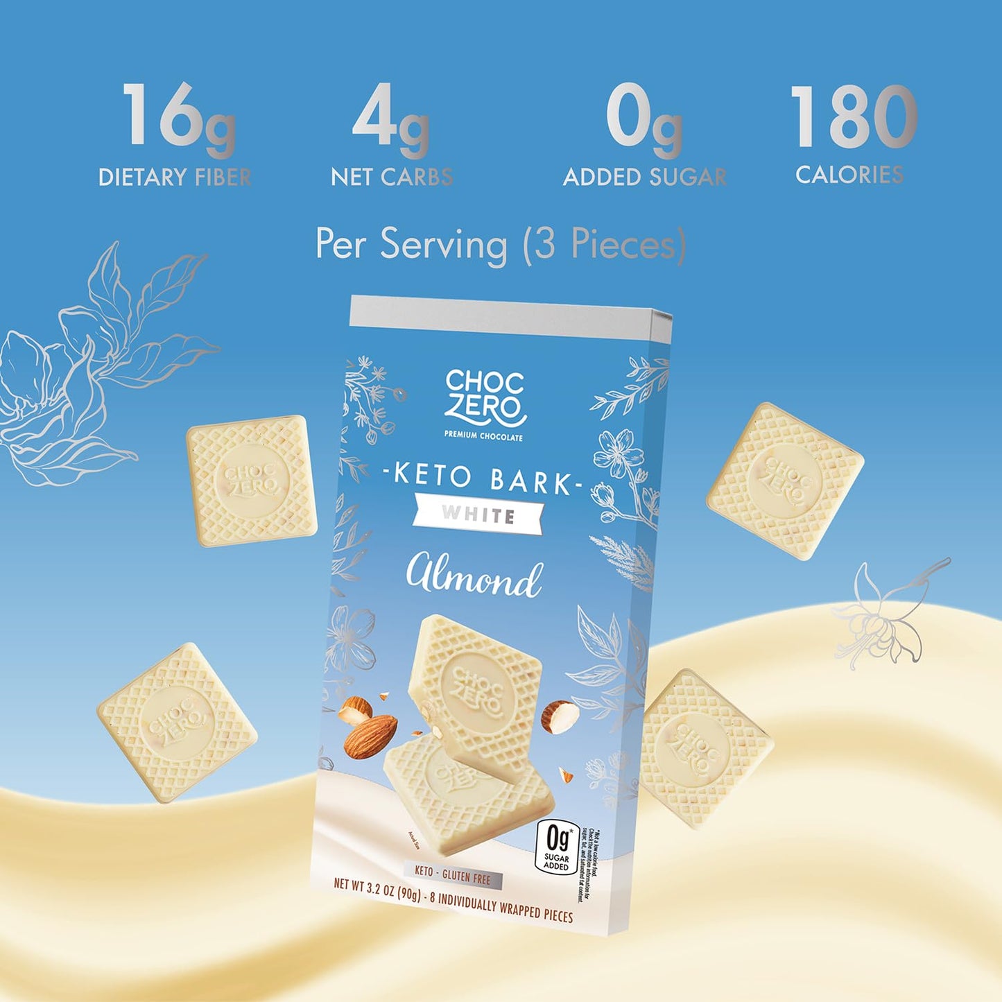 Choczero Keto Bark, White Chocolate Almond, No Added Sugar, High Fiber, Low Carb, No Sugar Alcohols, No Artificial Sweeteners, 3