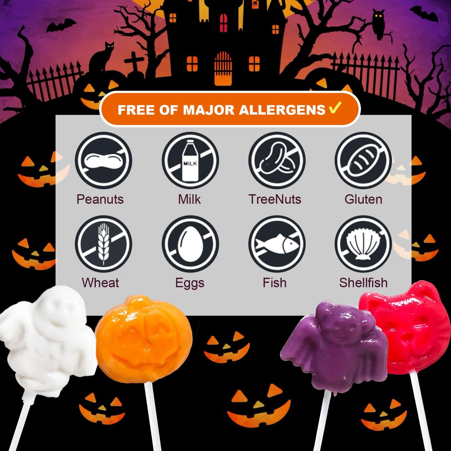 EORA Halloween Lollipop Suckers Candy, 42 Pack, Multi Color, Individually Wrapped, Pumpkin, Bat, Cat Designs, Model QWLH-HLMA-8G42