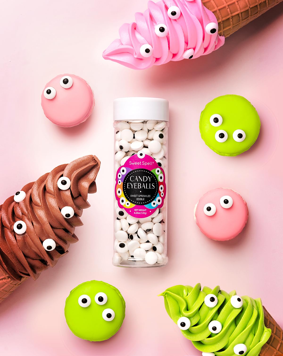 Sweet Spell Candy Eyeballs - 260 Edible Sprinkles for Halloween Baking, 120g, Small, White