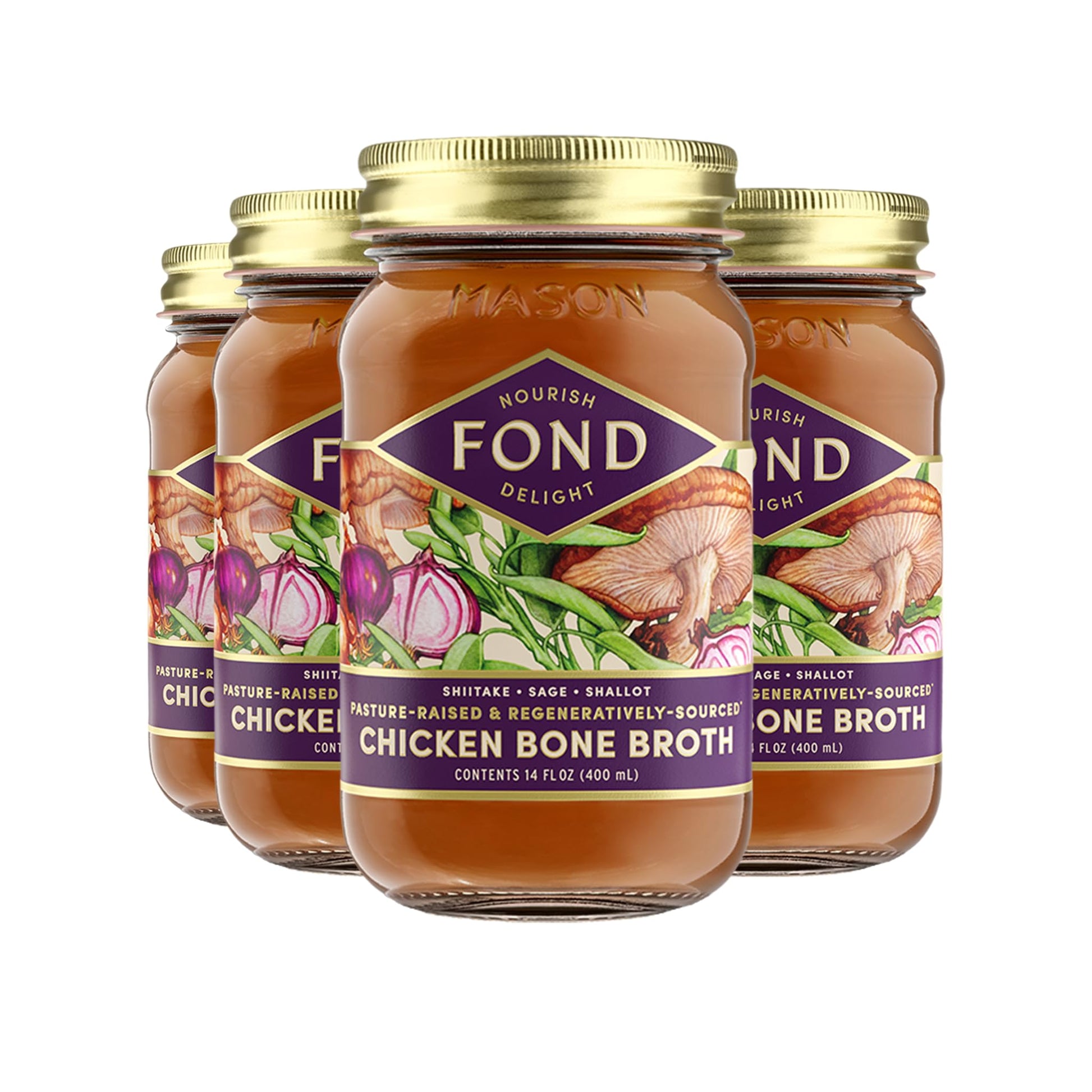 FOND Regenerative Pasture-Raised Chicken Bone Broth Infused with Organic Shiitake & Sage - Slow-Simmered Chicken Broth for Rich 