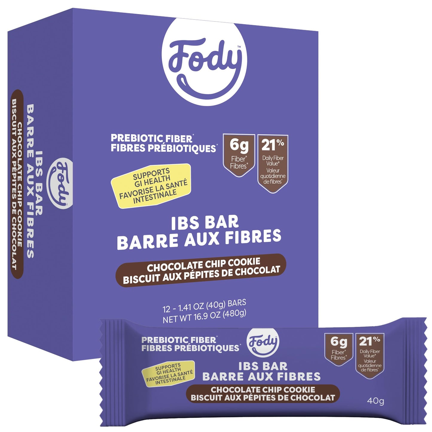 Fody Foods IBS Snack Bars  Chocolate Chip Cookie  1.41 Oz (Pack of 12)  6g Prebiotic Fiber  Low FODMAP  Gut & IBS Friendly  Lactose Free  Non-GMO  Gluten Free