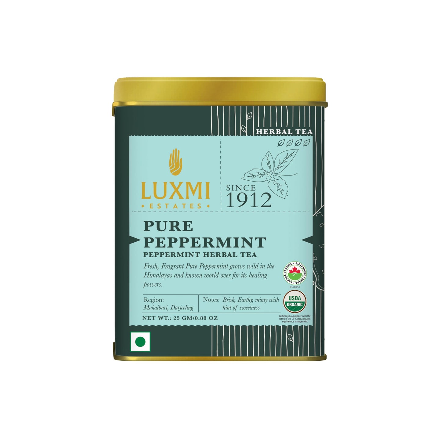 Luxmi Estates Purely Peppermint 25Gm Tin | Usda Certified Organic Herbal Tea | Mint Tea Best For Night Time