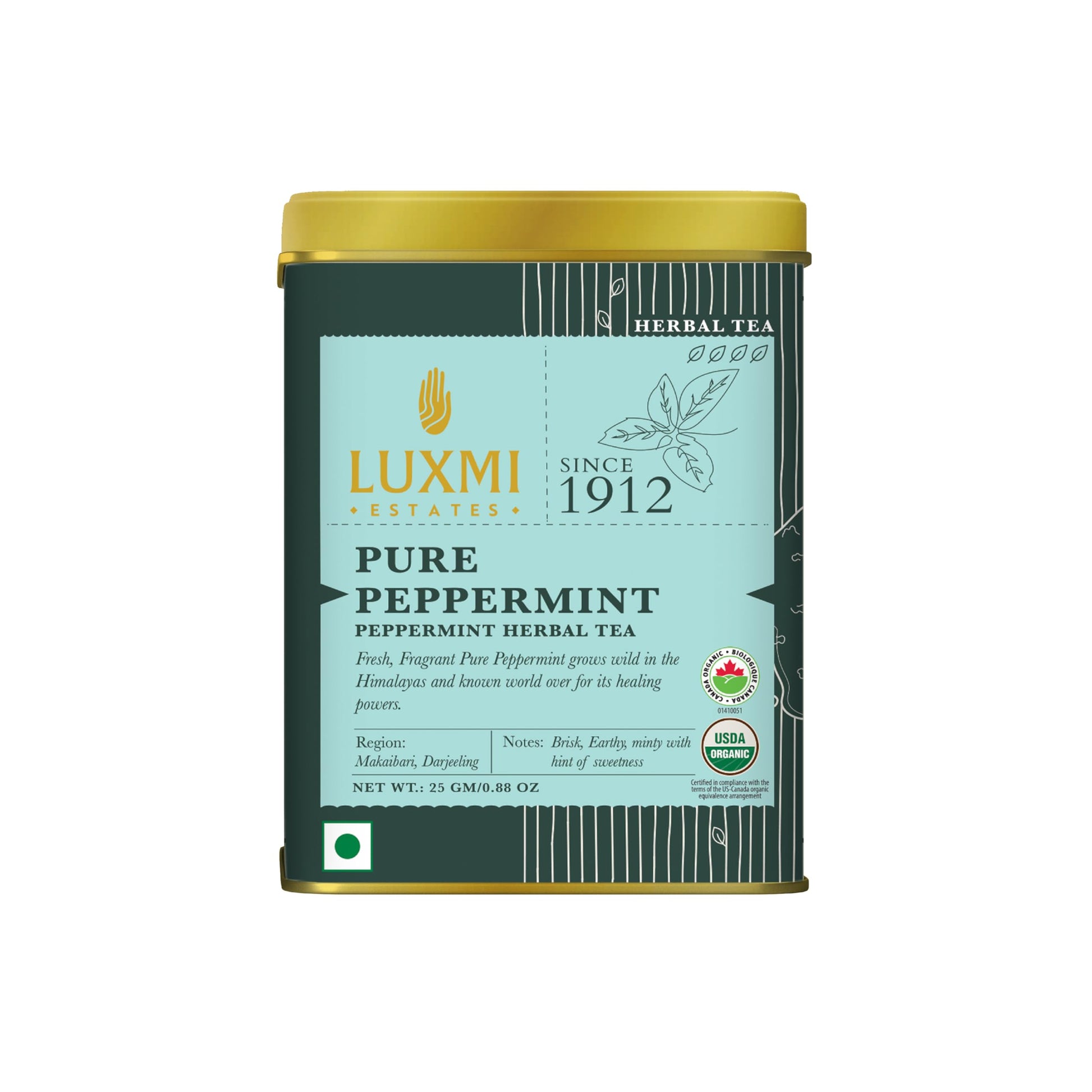 Luxmi Estates Purely Peppermint 25Gm Tin | Usda Certified Organic Herbal Tea | Mint Tea Best For Night Time