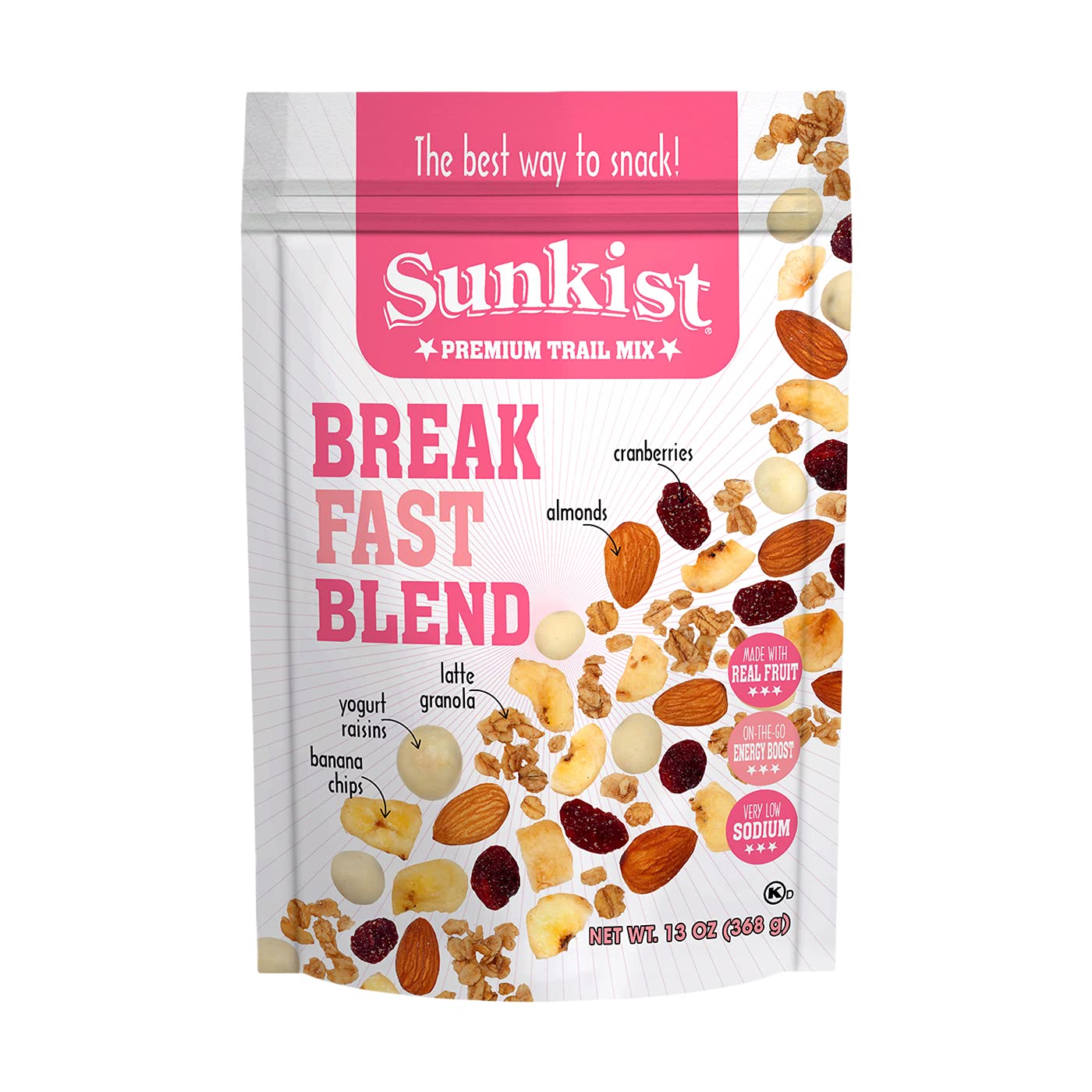 Sunkist Breakfast Blend Trail Mix, Low Sodium, Gluten Free, 13 oz Resealable Bag