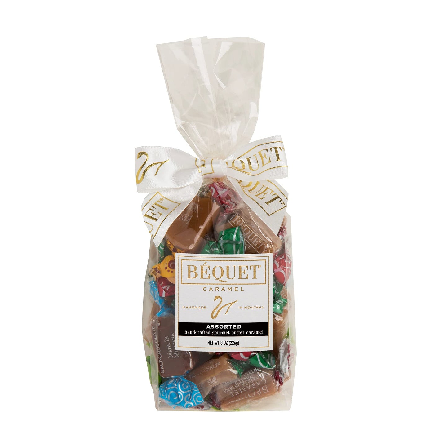 Béquet Assorted Caramels - Gourmet Individually Wrapped Candy Variety Pack - Celtic Sea Salt, Salt Chocolate, Classic Vanilla, Butterscotch, Green Apple, Salted Mocha & Salted Butterscotch - 8 oz Gift Bag