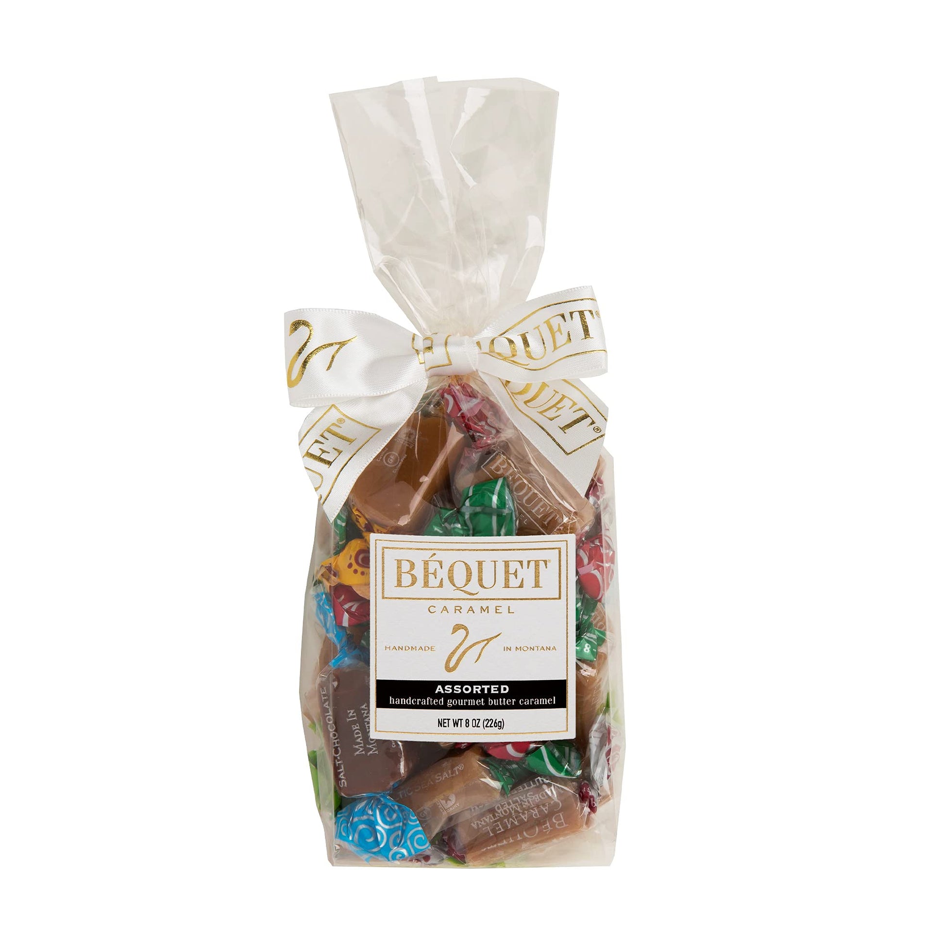 Béquet Assorted Caramels - Gourmet Individually Wrapped Candy Variety Pack - Celtic Sea Salt, Salt Chocolate, Classic Vanilla, Butterscotch, Green Apple, Salted Mocha & Salted Butterscotch - 8 oz Gift Bag