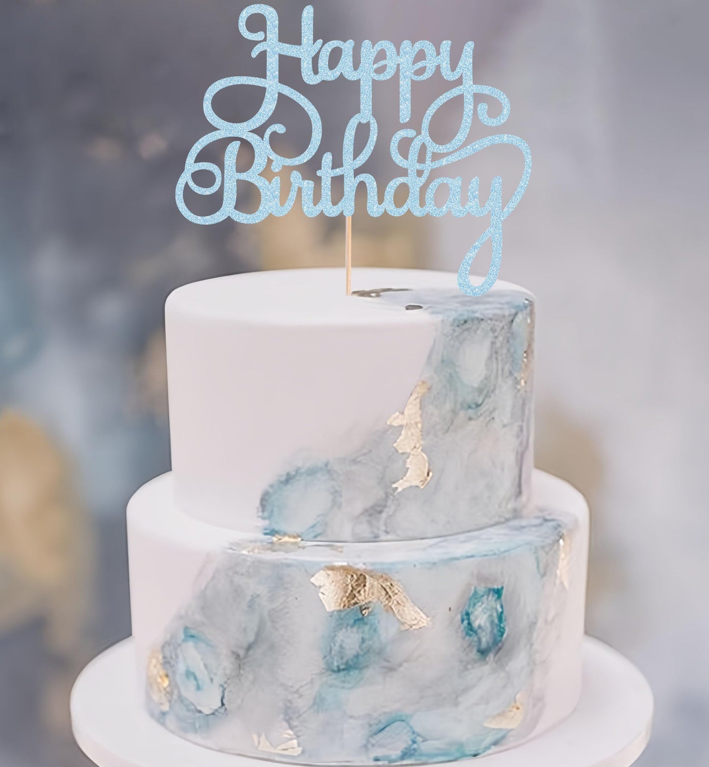 EONNCNT Happy Birthday Cake Topper - Light Blue Glitter, 6.3x8.2, Paper, Model: MOUCCT-HB