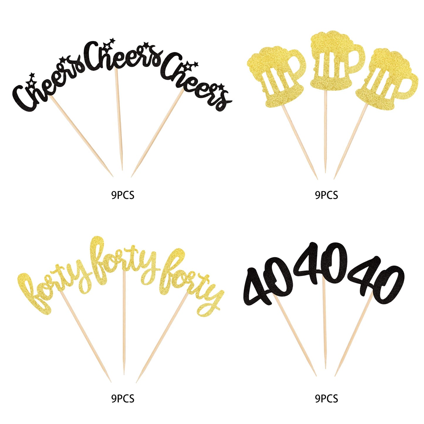 ZHUOWEISM 36 PCS Cupcake Toppers Glitter malt-inspired Mug Decorations for 40th Birthday, Small, Gold+White, Bamboo Material