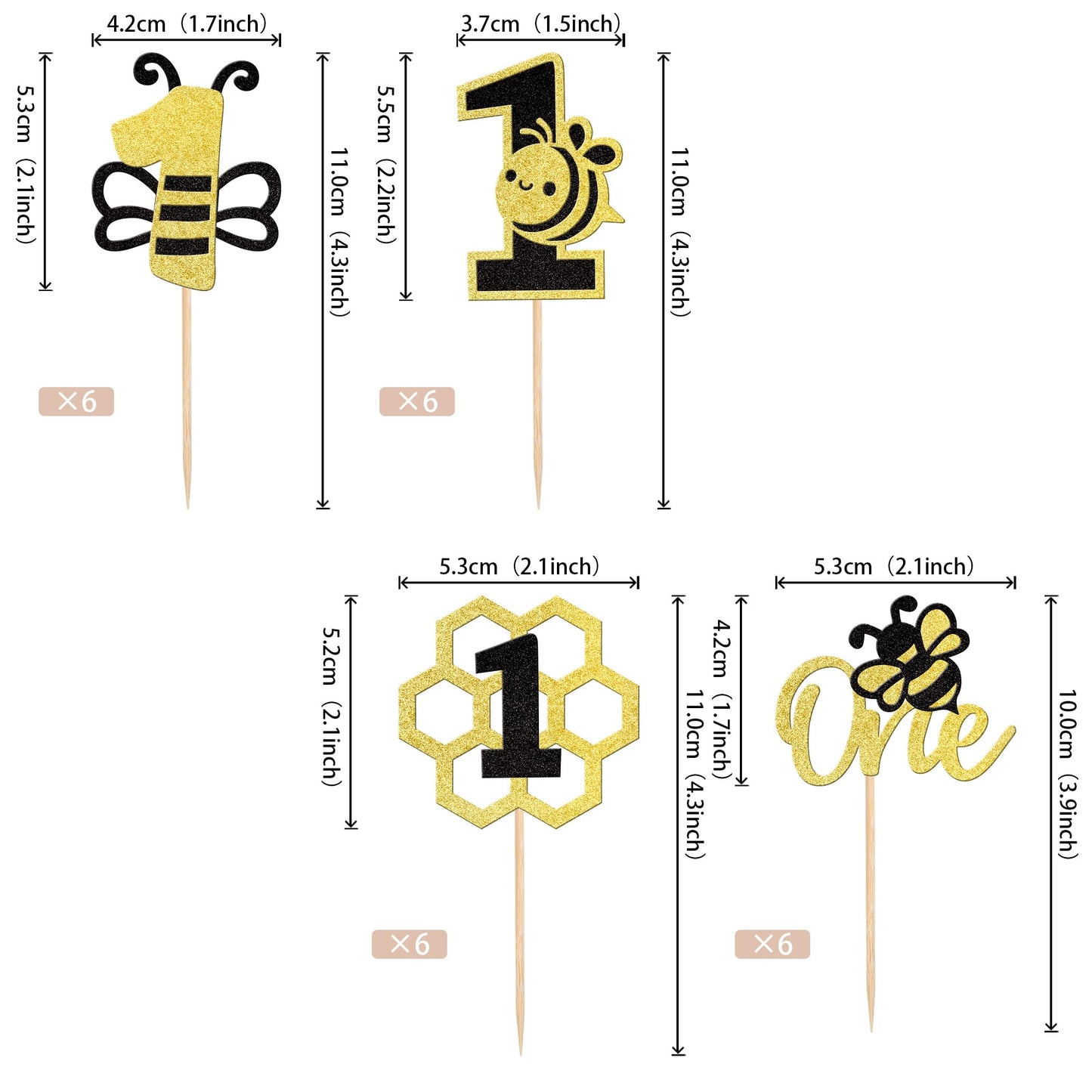 24 Pcs Bee One Cupcake Toppers Black And Gold Glitter Honeycomb Number 1 Bee Cupcake Picks 1St Birthday Cake Decoration For Bumb