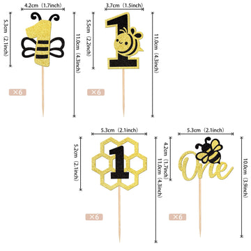 24 Pcs Bee One Cupcake Toppers Black And Gold Glitter Honeycomb Number 1 Bee Cupcake Picks 1St Birthday Cake Decoration For Bumb