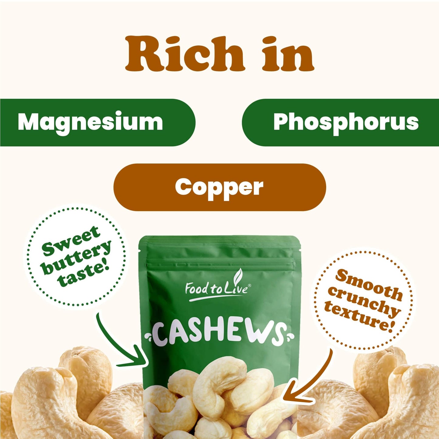 Food To Live Raw Cashews, 16 Pounds - Non-Gmo Verified, Deluxe Whole Nuts, Unsalted, Unroasted, Size W-320, Vegan, Kosher, Bulk