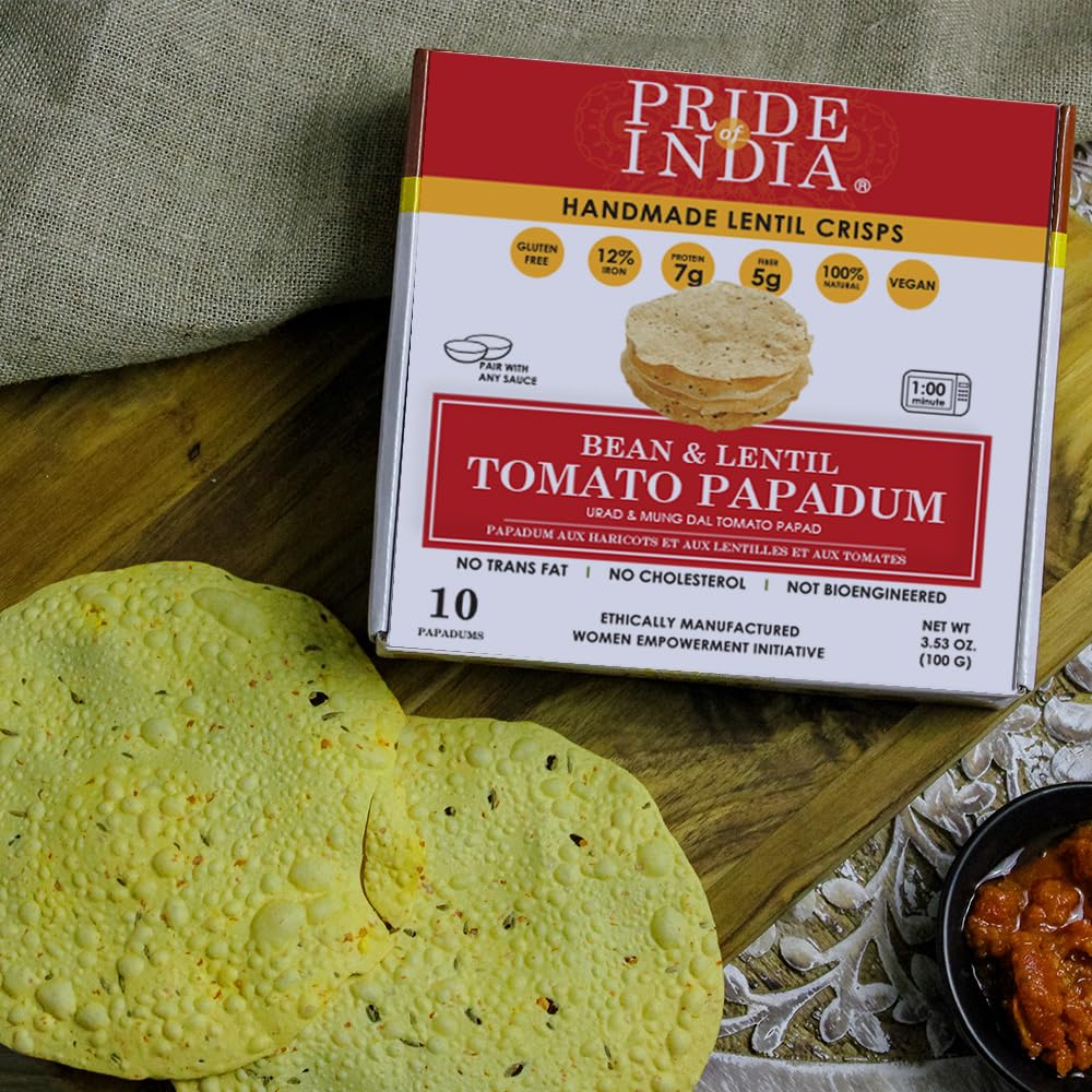 Pride Of India | Tomato Papadum, 10-Count (3.53oz - 100gm) | Protein Fiber & Iron Rich, Gluten-Free Vegan Lentil Crackers, Healt