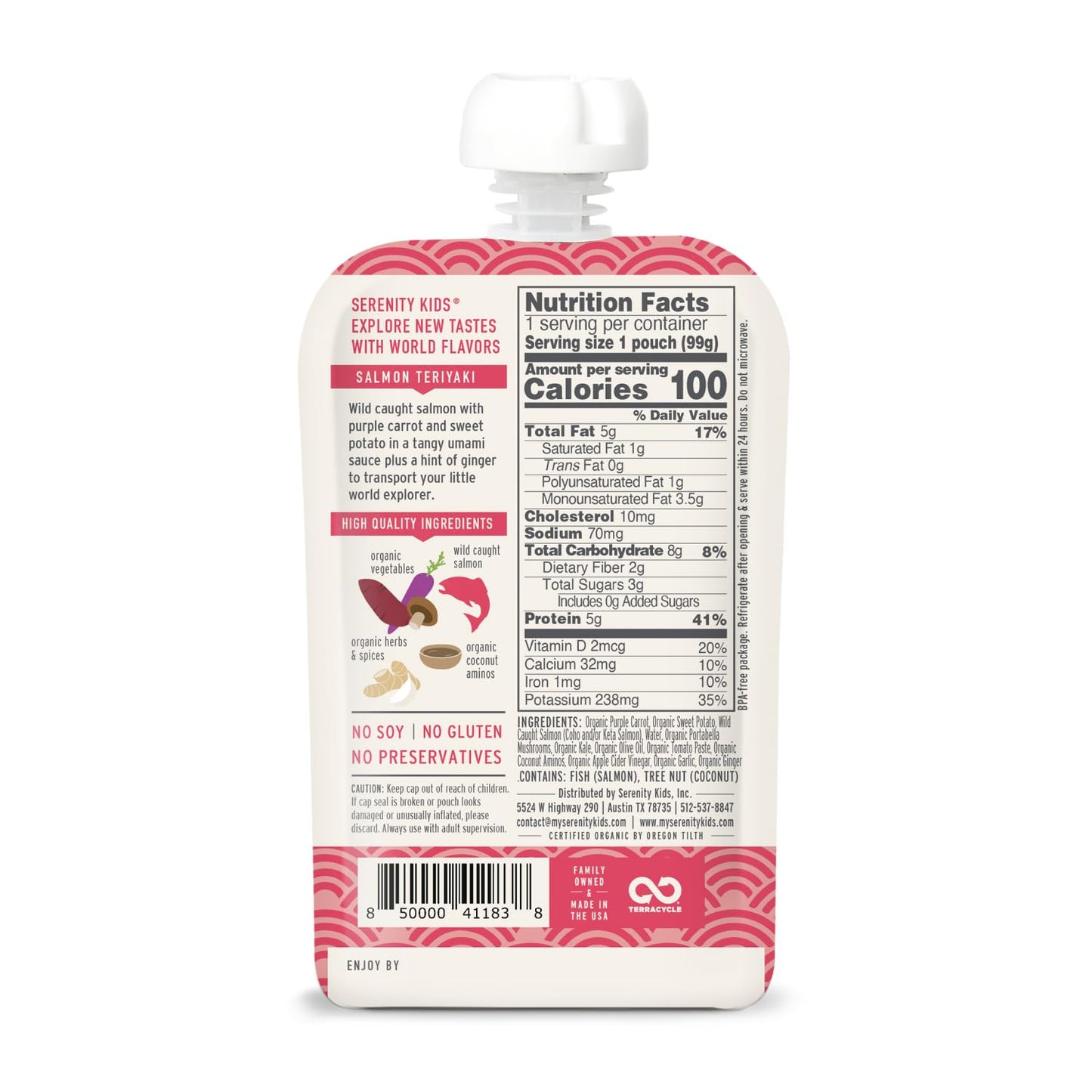 Serenity Kids + Months Baby Food Puree - Salmon Teriyaki Pouch, 3.5 Oz, Pack Of 6-5G Protein Dv Wild-Caught Salmon Snacks - Nutrient-Packed Organic Baby Food Pouches - No Sugar Added Toddler Snack