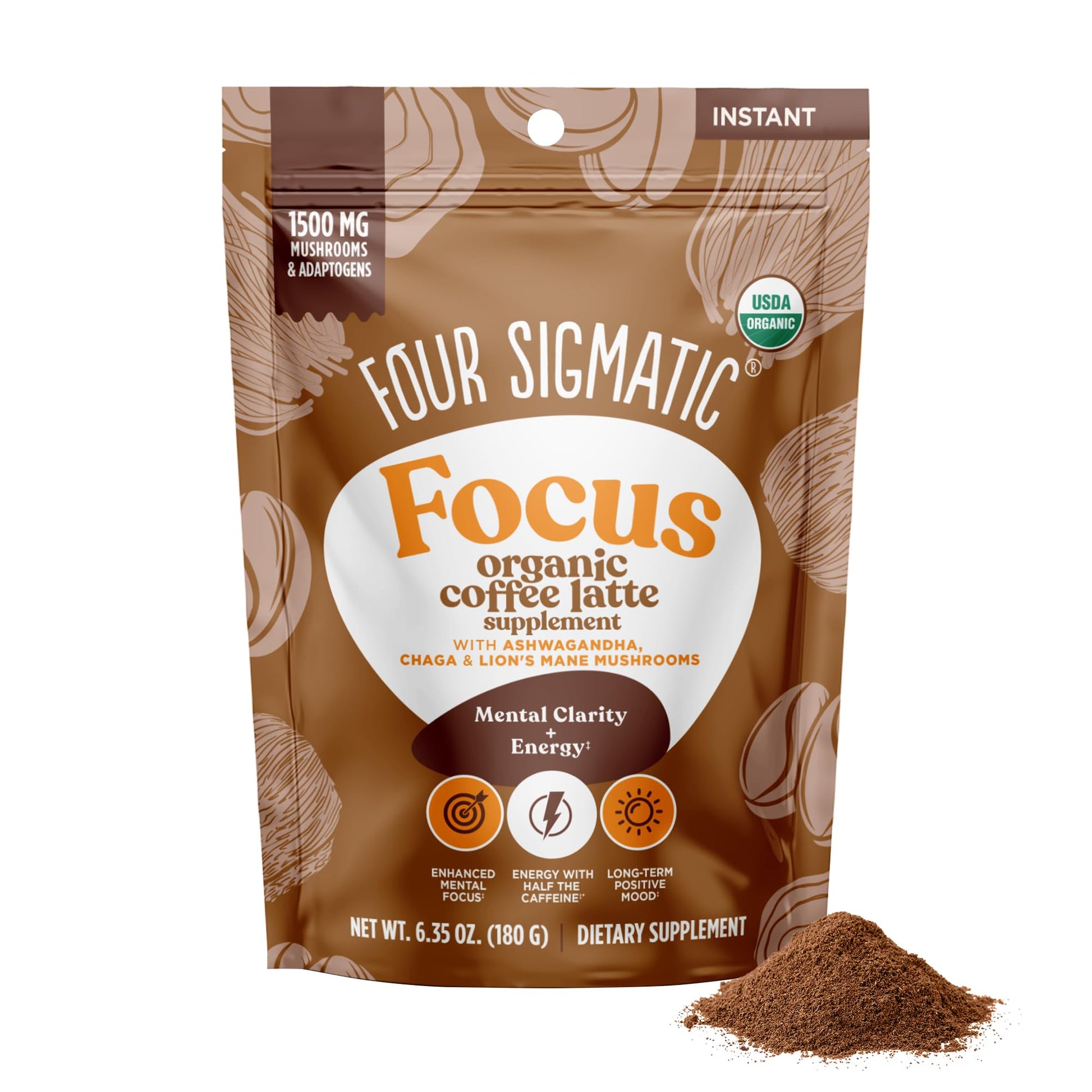 Focus Organic Mushroom Coffee Latte By Four Sigmatic | 1500Mg Adaptogens Per Serving | Lion'S Mane, Chaga, Rhodiola, Ashwagandha