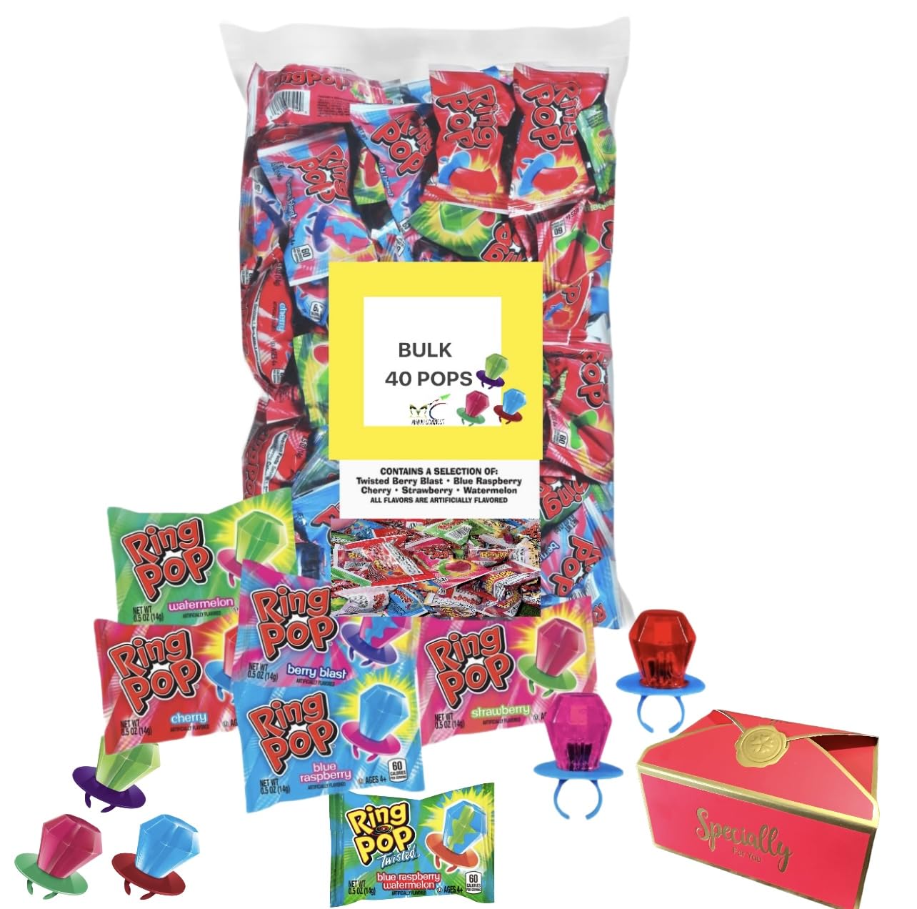 Easter basket fillers|RingPopps Lollipops (40 Count) Party Favors, Birthday Individually Wrapped w/Assorted Fruity Flavors by MA