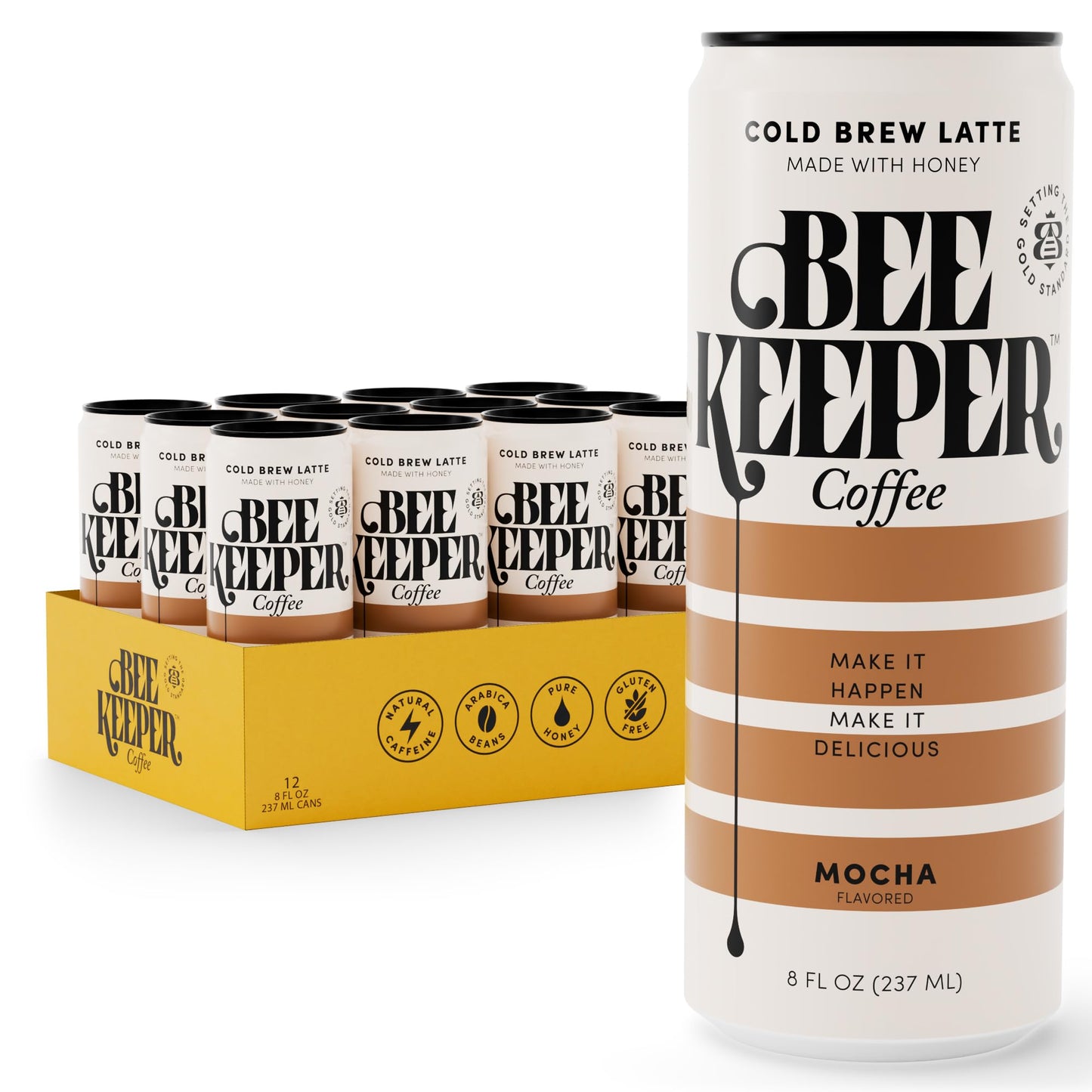 Beekeeper Coffee Cold Brew Mocha Latte With Oregon Honey  8 Fl Oz Cans (Pack Of 12)  Ready-To-Drink  125Mg Natural Energy Blend