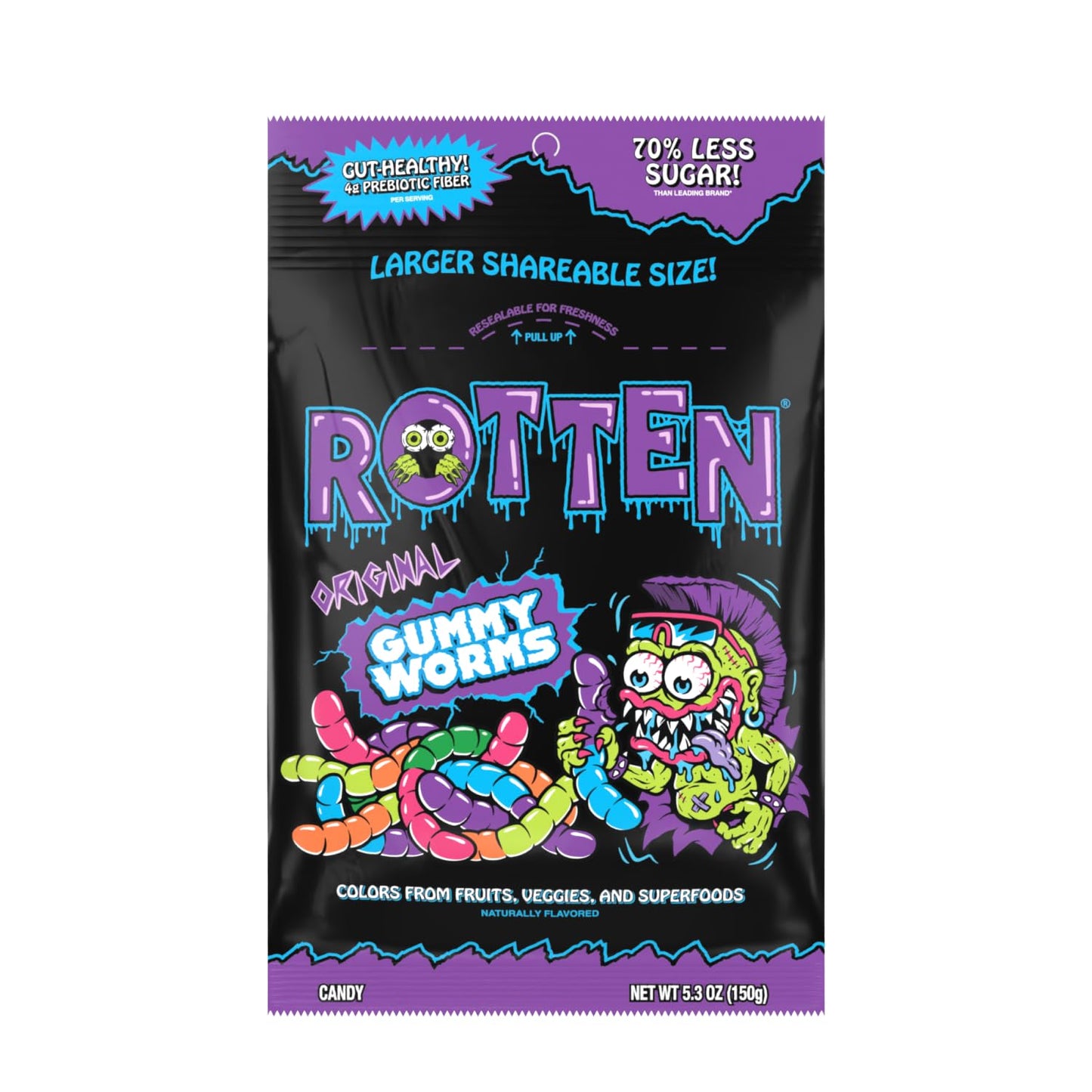 Rotten Gummy Worms - Low Sugar, Low Calorie, Gluten Free Candy - 4 Pack of 5.3 oz Bags