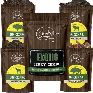 Jerky.Com'S Classic Exotic Jerky Variety Pack - Jerky Variety Pack With 4 Types Of Jerky - Buffalo, Wild Boar, Venison Jerky, An