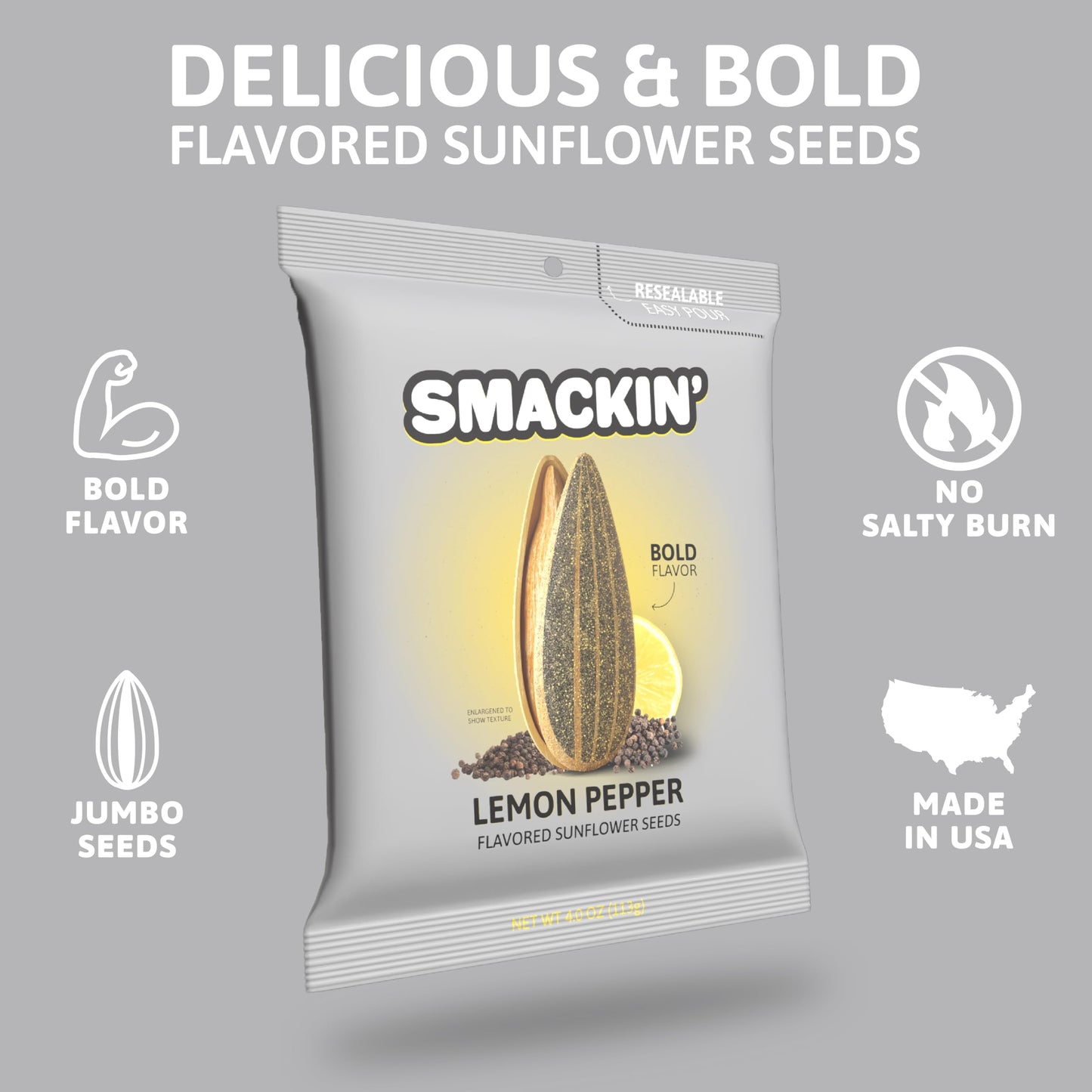 Smackin' - Jumbo Roasted Sunflower Seeds, No Salty Burn, American Made, Easy Pour & Seal - Lemon Pepper, 4Oz Bag (12 Bags)