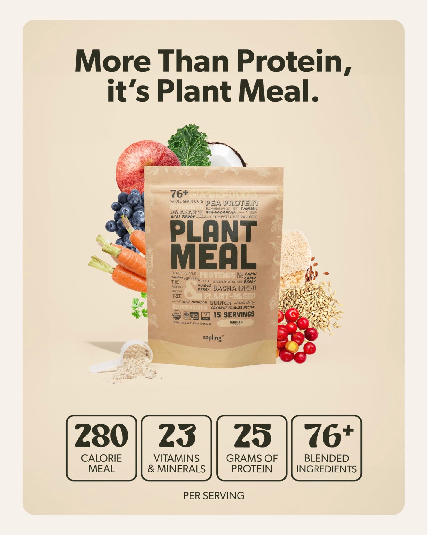 Plant Meal Replacement Shake - Vanilla - 25g of Plant Based Vegan Protein Powder, 76+ Organic Superfoods, Vitamins & Minerals, M