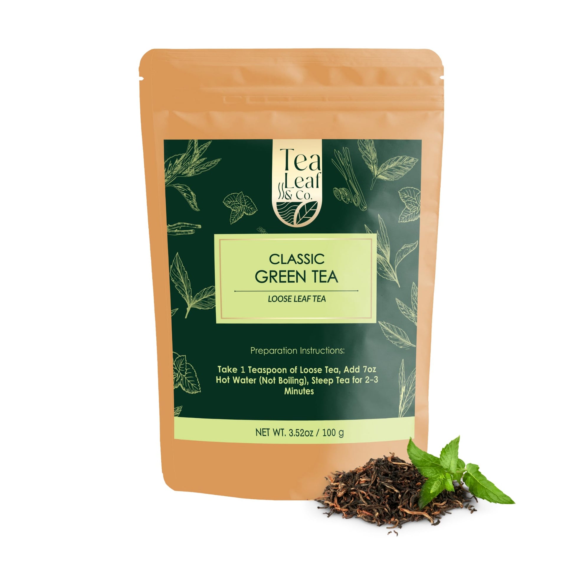 Tea Leaf & Co. Classic Green Tea Loose Leaf - 100% Organic - Low Caffeine - 50 Servings - 3.52oz/100gm