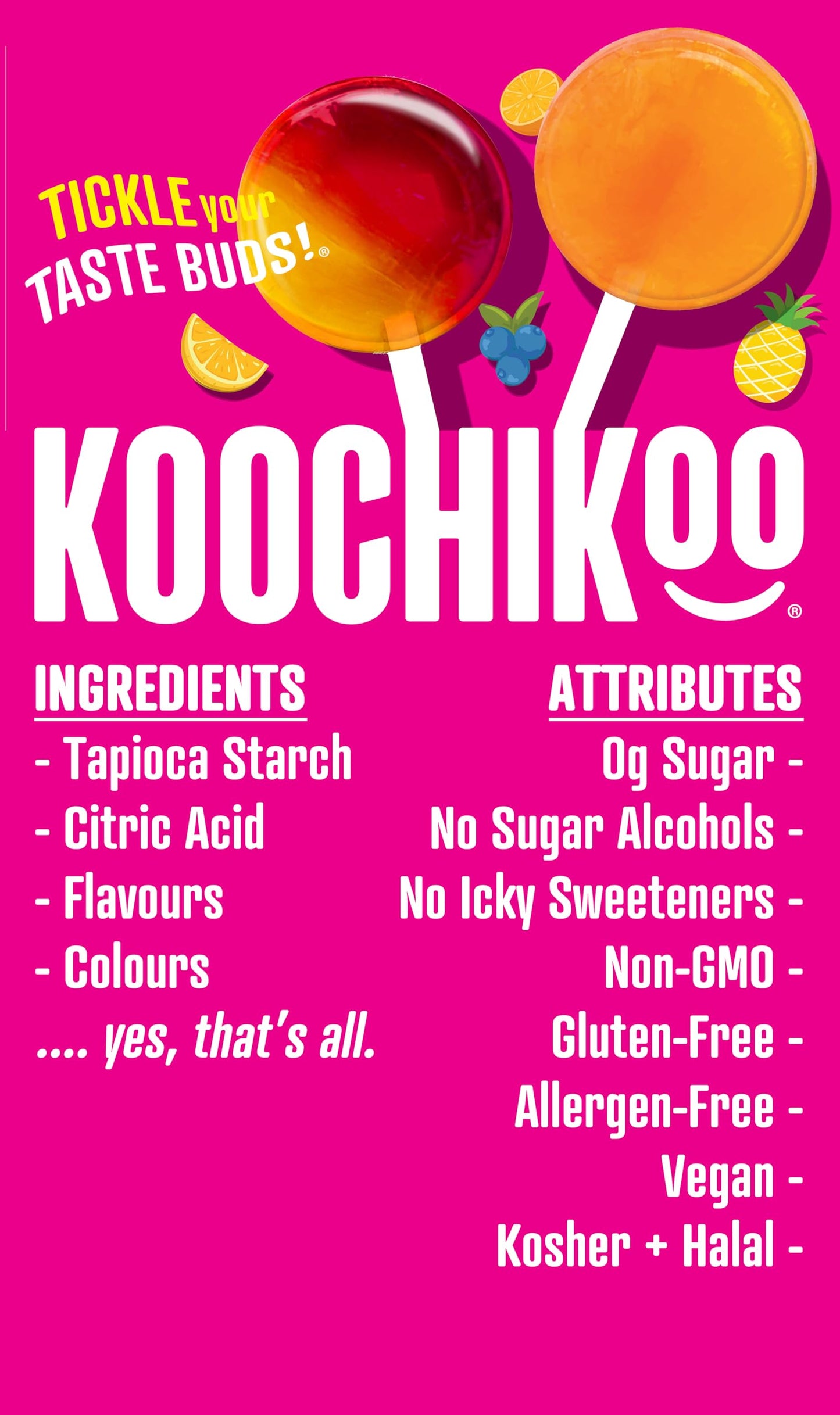 Koochikoo Organic & Sugar Free Lollipops Pouch, Assorted Fruit Flavors, No Sugar Added, Gluten Free & Vegan, 10 CT Lollipops/Pou