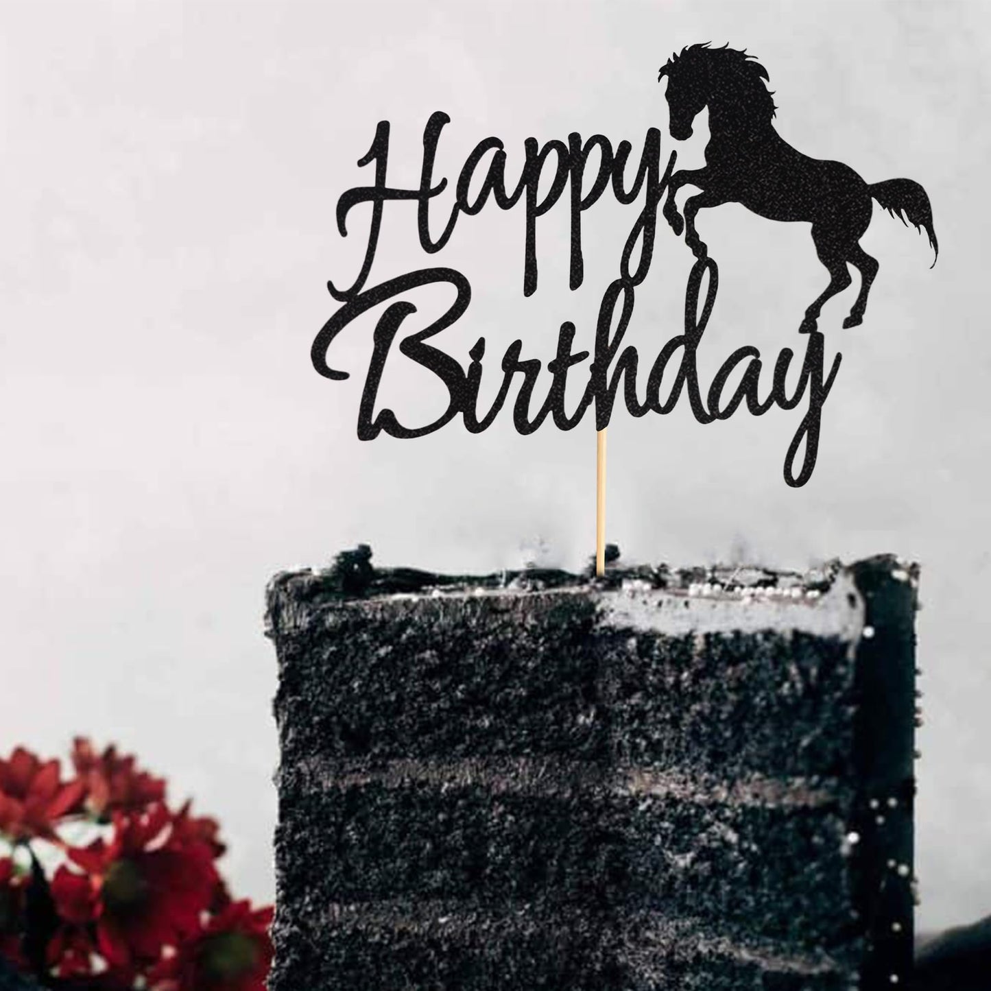 Arthsdite Horse Birthday Cake Topper, Black Glitter, Medium Size, Cardboard/Bamboo, Horse Racing Theme Party Decoration