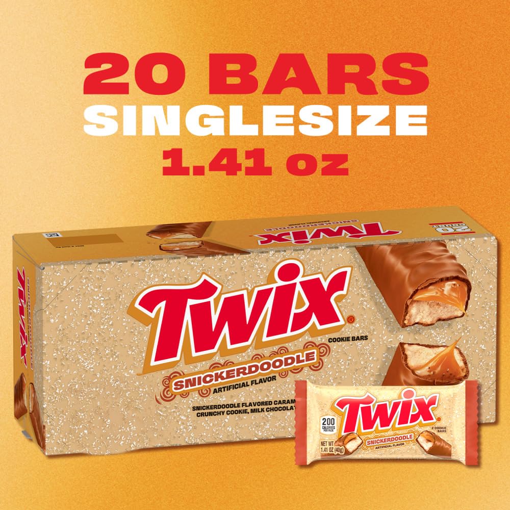 TWIX Snickerdoodle CookieChocolate Candy Bars  Nostalgic Cookie Cinnamon Caramel  Shortbread Cookie Milk Chocolate Bars  1.4 Oz (Pack of 20); Individually Wrapped Snacks
