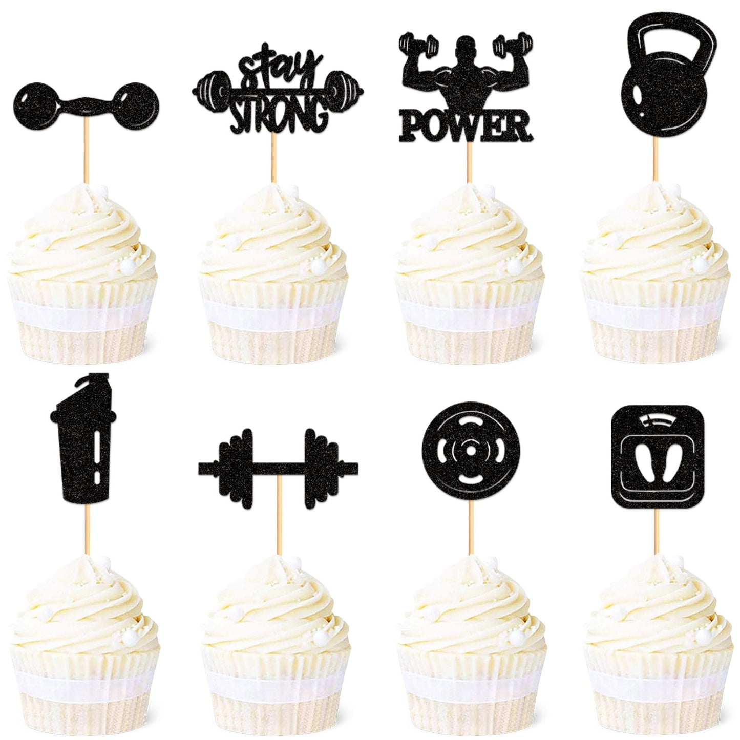 Ercadio 24 Pack Gym Workout Cupcake Toppers Glitter Biceps Dumbbells Kettlebells Abodominal Stay Strong Bodybuilding Cupcake Pic