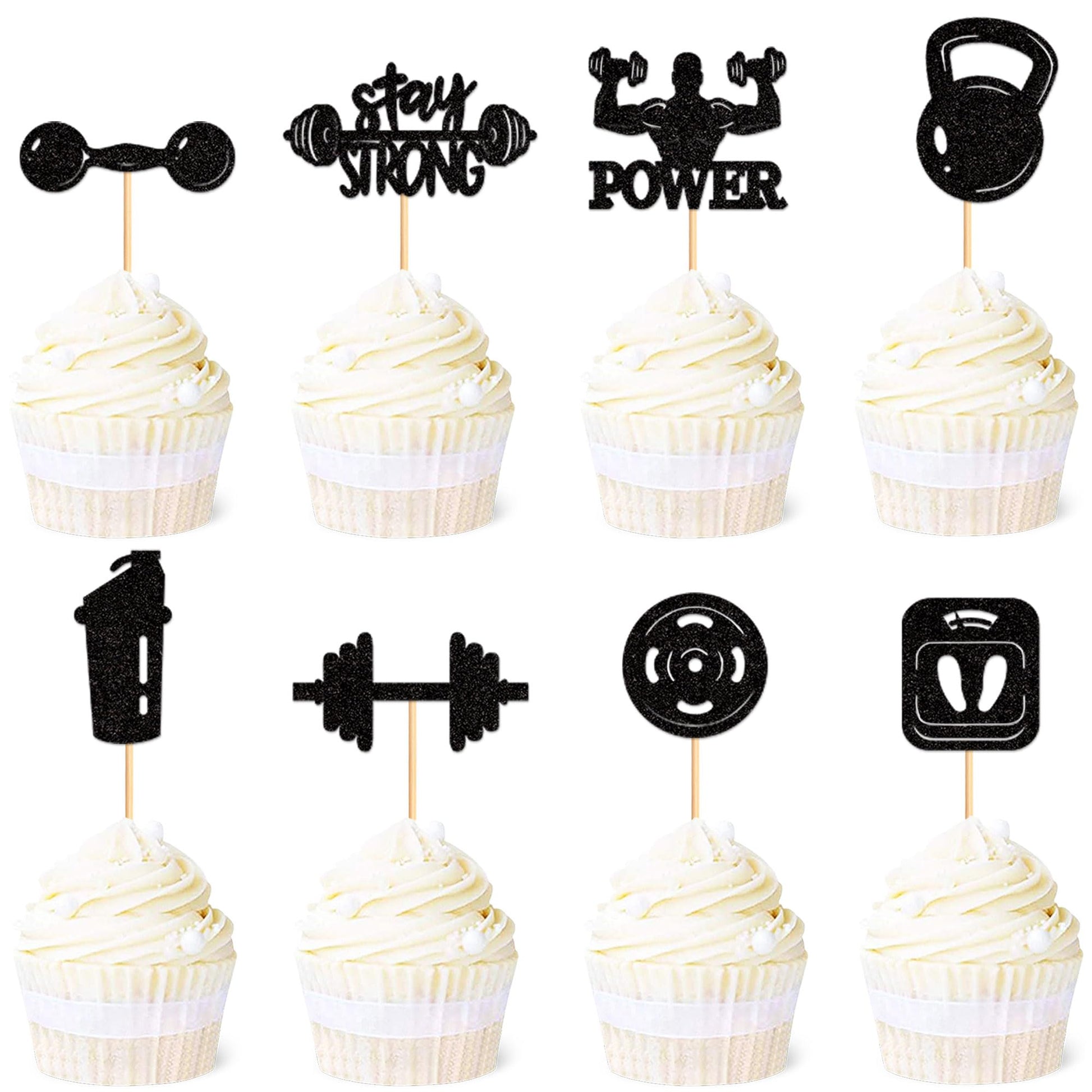 Ercadio 24 Pack Gym Workout Cupcake Toppers Glitter Biceps Dumbbells Kettlebells Abodominal Stay Strong Bodybuilding Cupcake Pic
