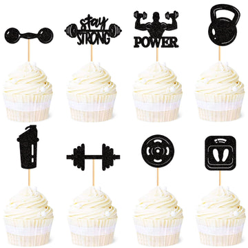 Ercadio 24 Pack Gym Workout Cupcake Toppers Glitter Biceps Dumbbells Kettlebells Abodominal Stay Strong Bodybuilding Cupcake Pic