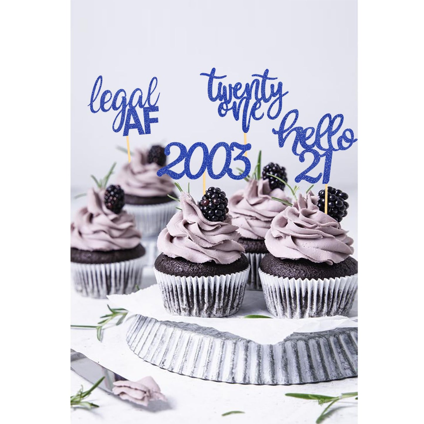 24 Pcs Glitter 21St Birthday Cupcake Toppers For Celebrating Twenty-One Years Old Birthday Party Decorations (Dark Blue Glitter)