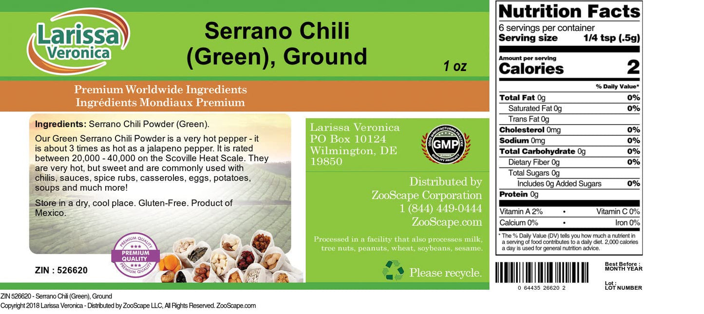 Larissa Veronica Ground Serrano Chili, Green, 1 oz (Pack of 2)