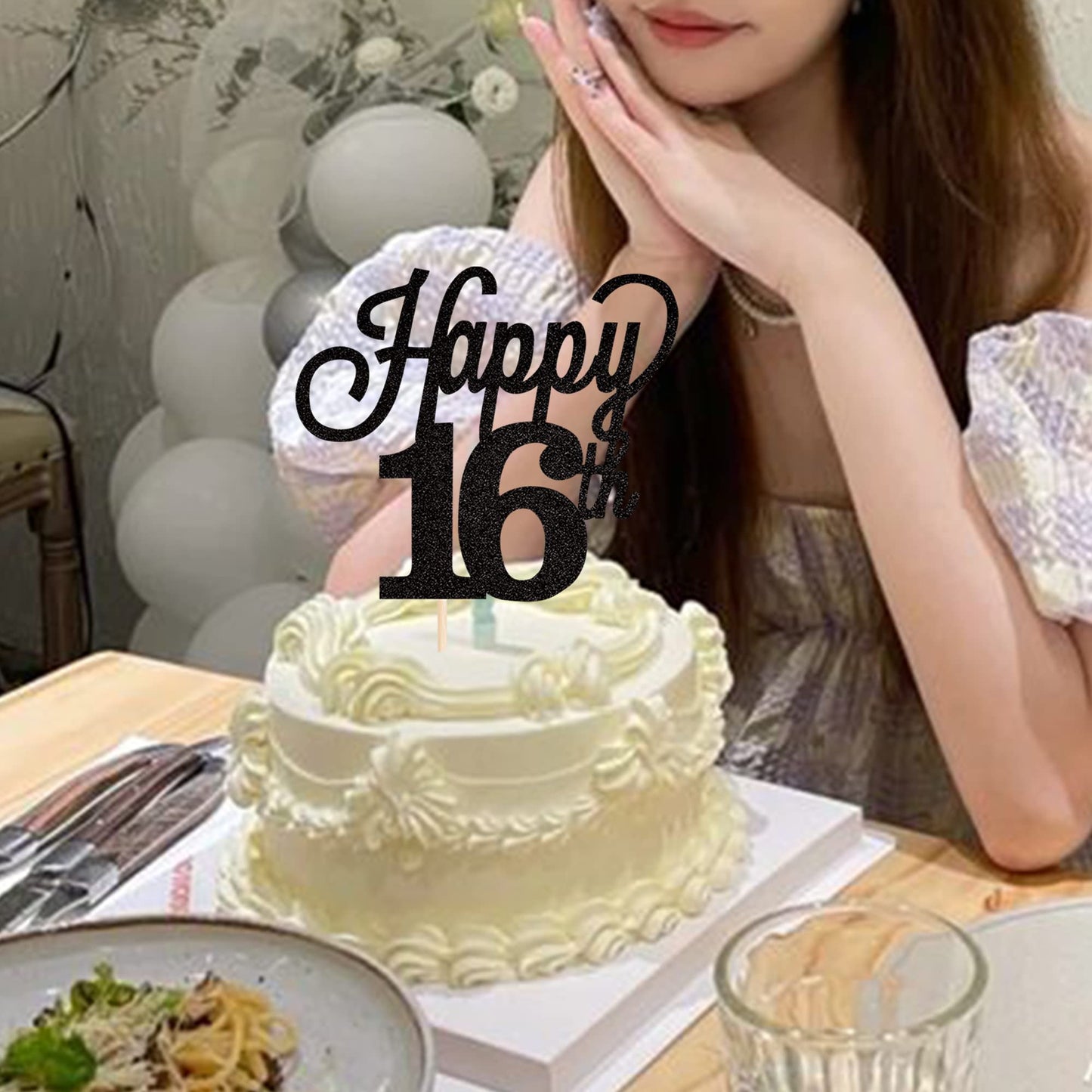 YCTHUNFISH Happy 16th Cake Topper, Black Glitter Number 16, Bamboo Material, Birthday Party Decorations