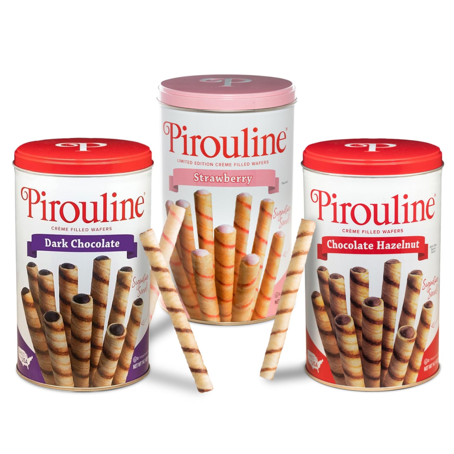 Pirouline Rolled Wafers - Best Flavor Mix - Chocolate Hazelnut, Dark Chocolate, and Strawberry - Rolled Wafer Cookies for Coffee