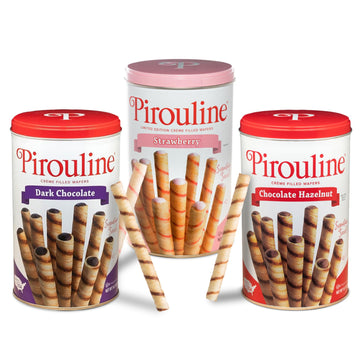 Pirouline Rolled Wafers - Best Flavor Mix - Chocolate Hazelnut, Dark Chocolate, and Strawberry - Rolled Wafer Cookies for Coffee