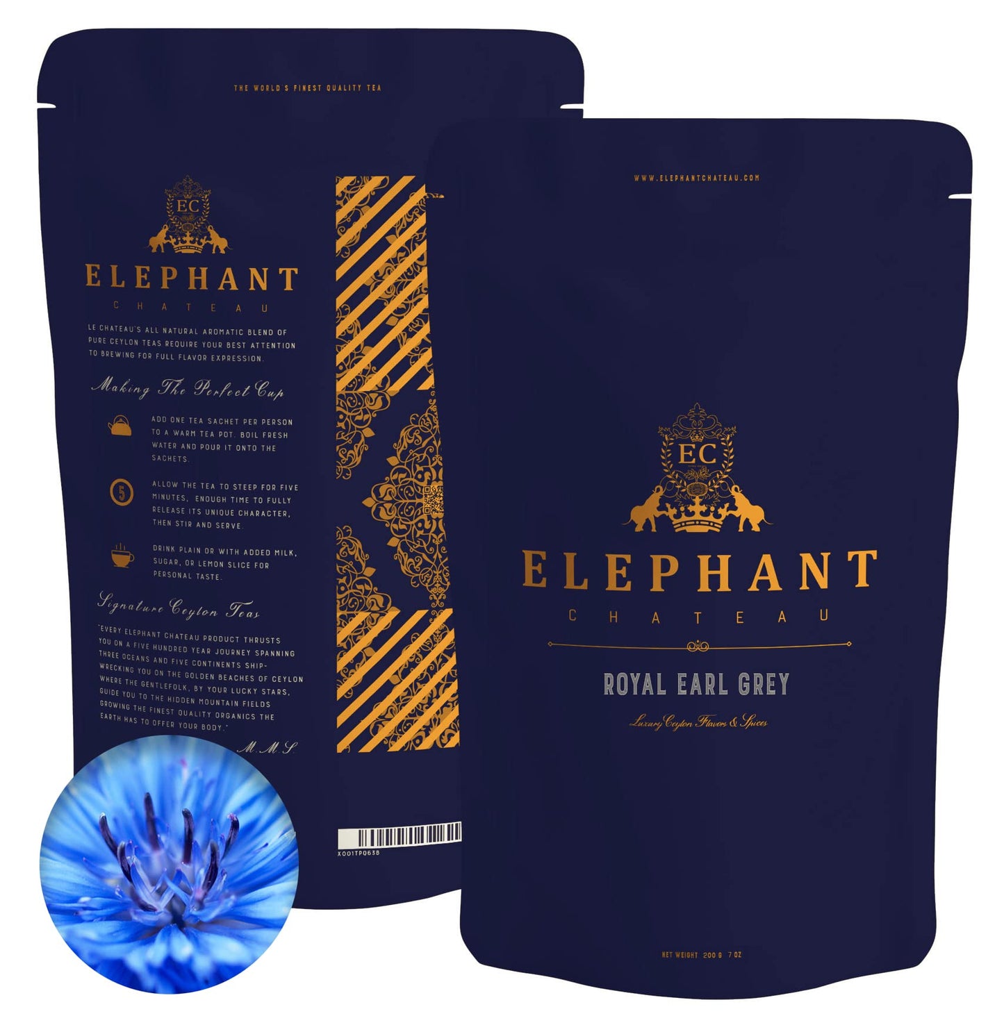 Elephant Chateau Royal Earl Grey Tea, 100 Cups, Fresh Cornflowers & Bergamot Oil, Traditional English Style, Collectible Gift Tube