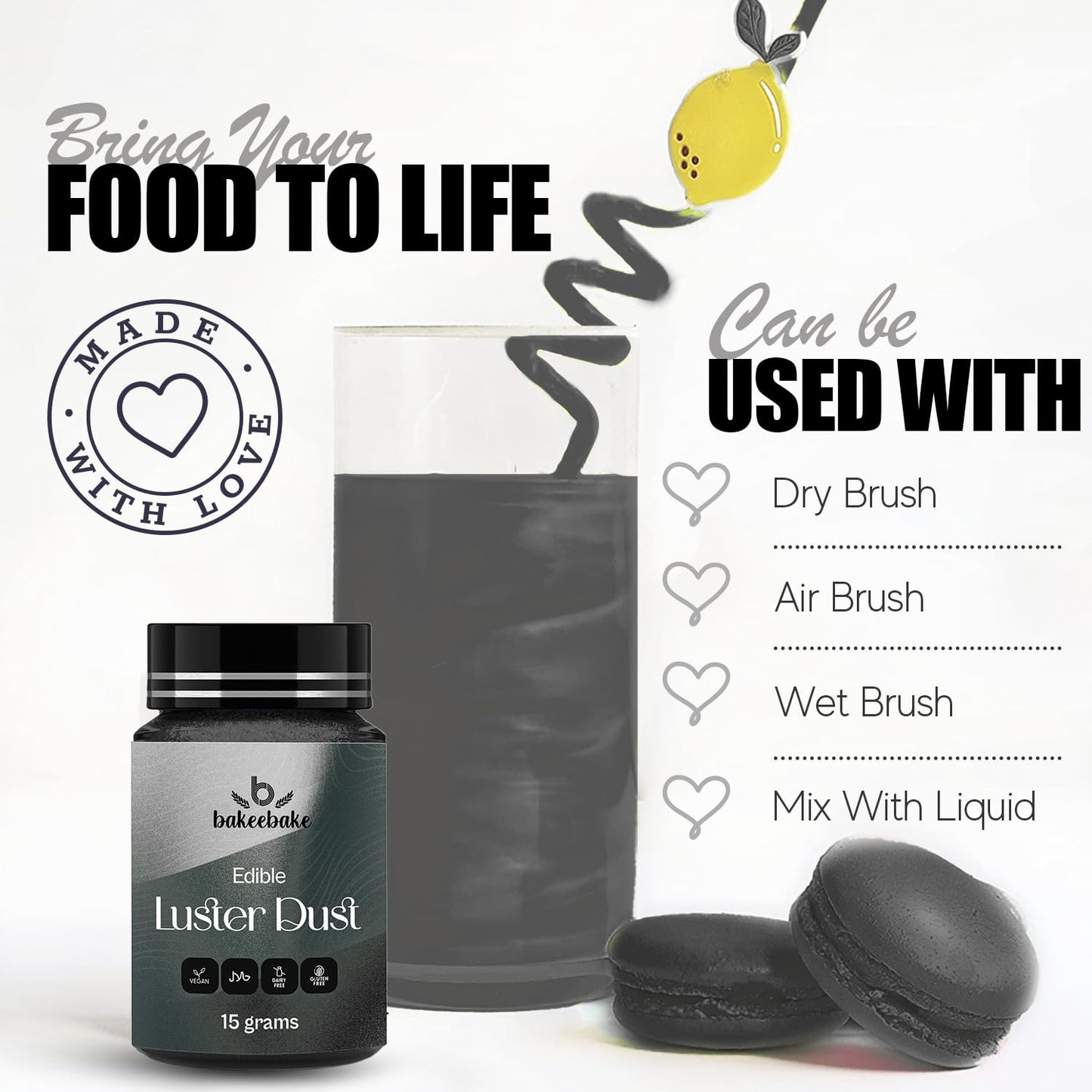 Bakeebake Luster Dust Edible 15G - Edible Glitter For Drinks & Desserts - Gluten Free Edible Black Dust For Cake Decorating - Ta