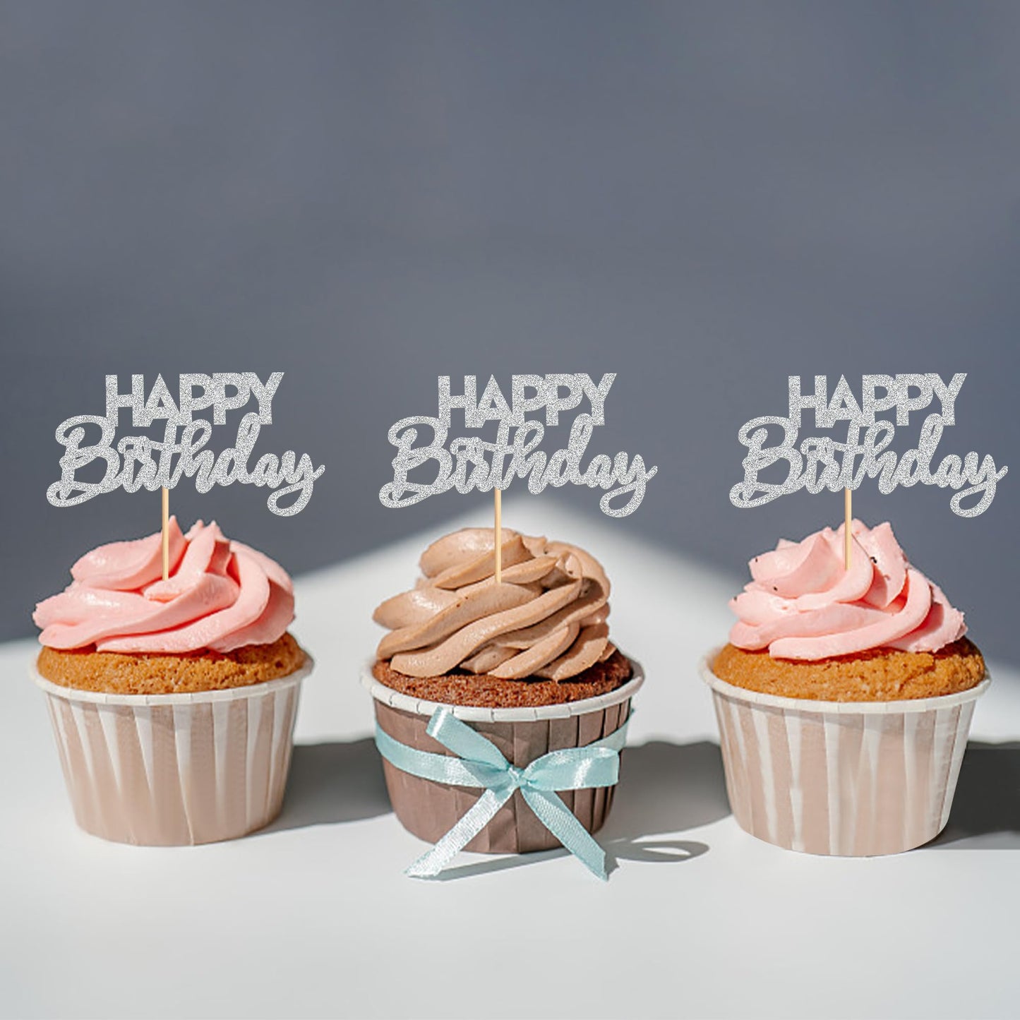 Ercadio 24 Pack Happy Birthday Cupcake Toppers Silver Glitter Assembled Birthday Cupcake Picks Birthday Cake Picks For Baby Show