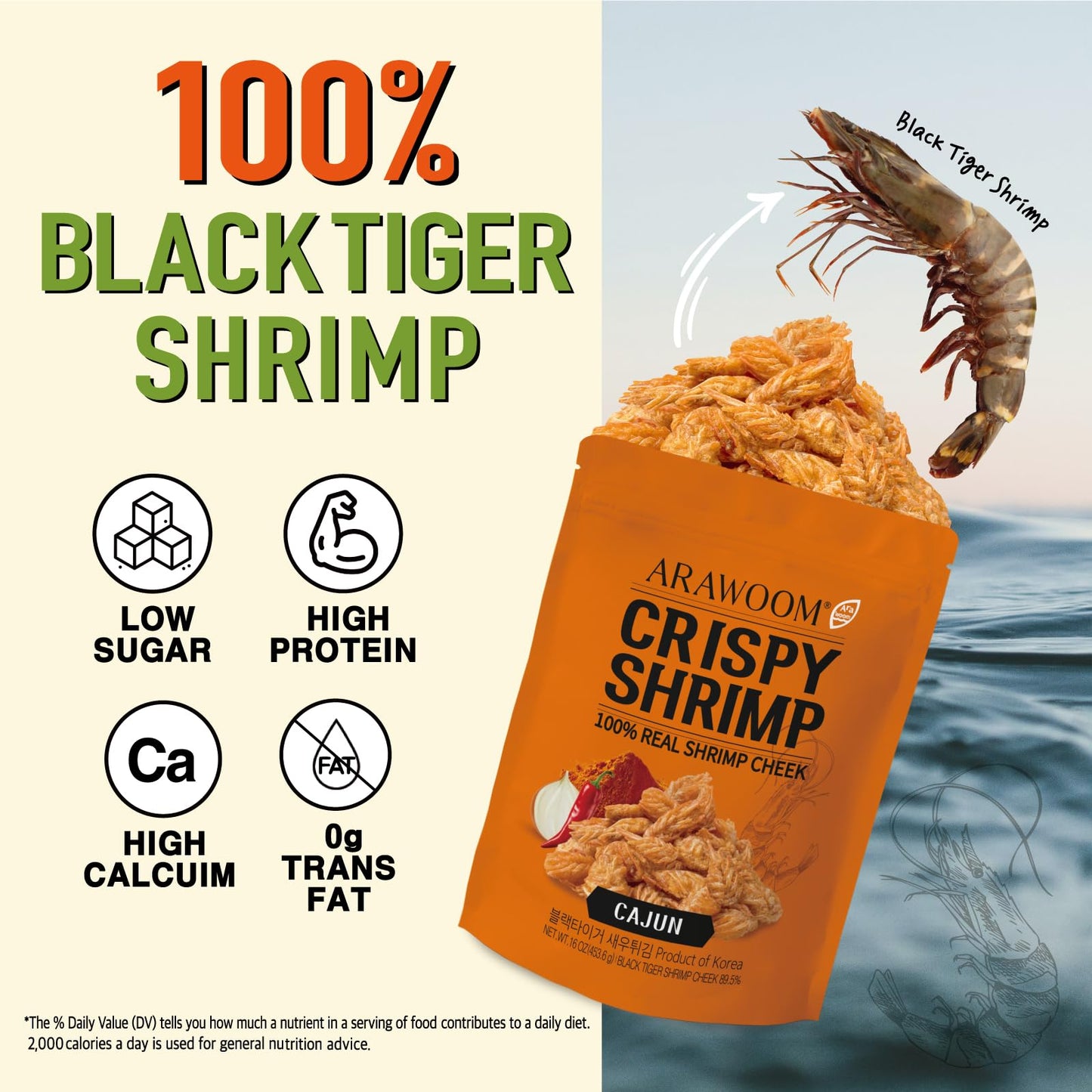 Arawoom - Real Crispy Shrimp Cheek Snack - 100% Real Black Tiger Shrimp - 16 Ounce (Pack Of 1) - Cajun Flavor - Crunchy Treat Fo