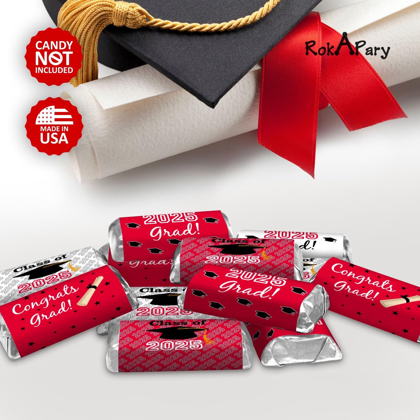 60 New Graduation Cap Party Class Of 2025 Miniatures Candy Bar Wrapper, Mini Candy Chocolate Bar Stickers, Labels, Candy Not Inc