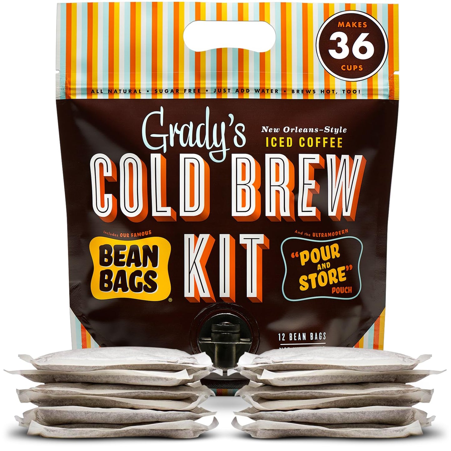 Gradys Cold Brew New Orleans Style Coffee & Chicory Pouches, All-in-One Kit, 24 Ounce, Makes 36 Drinks, Original