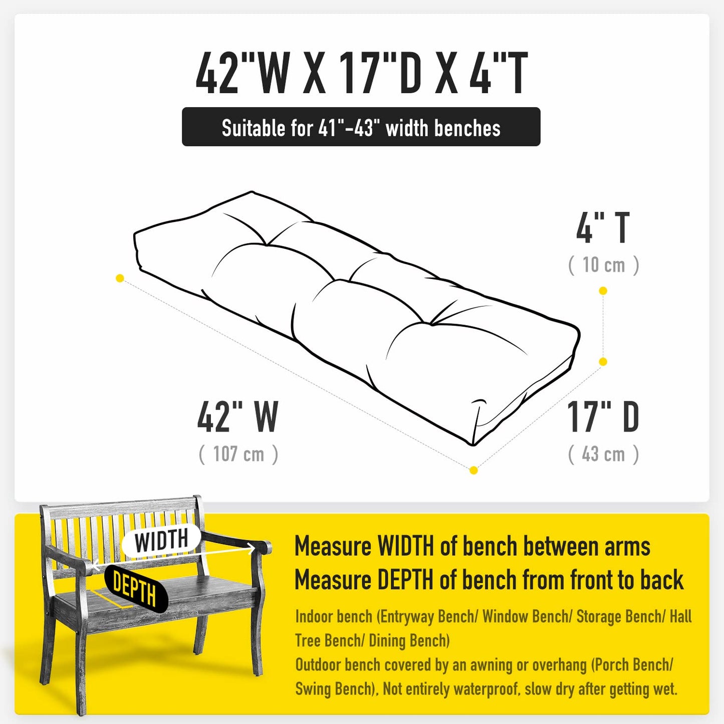 Sunrox Lokgrip Non Slip Tufted Memory Foam Bench Cushion, Fadeshield Water Resistant Durable Thicken Outdoorindoor Bench Seat Pa