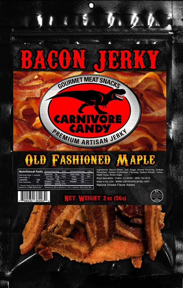 Jurassic Jerkey Carnivore Candy Bacon Jerky, Old Fashioned Maple Flavor, 2 Ounce Pack