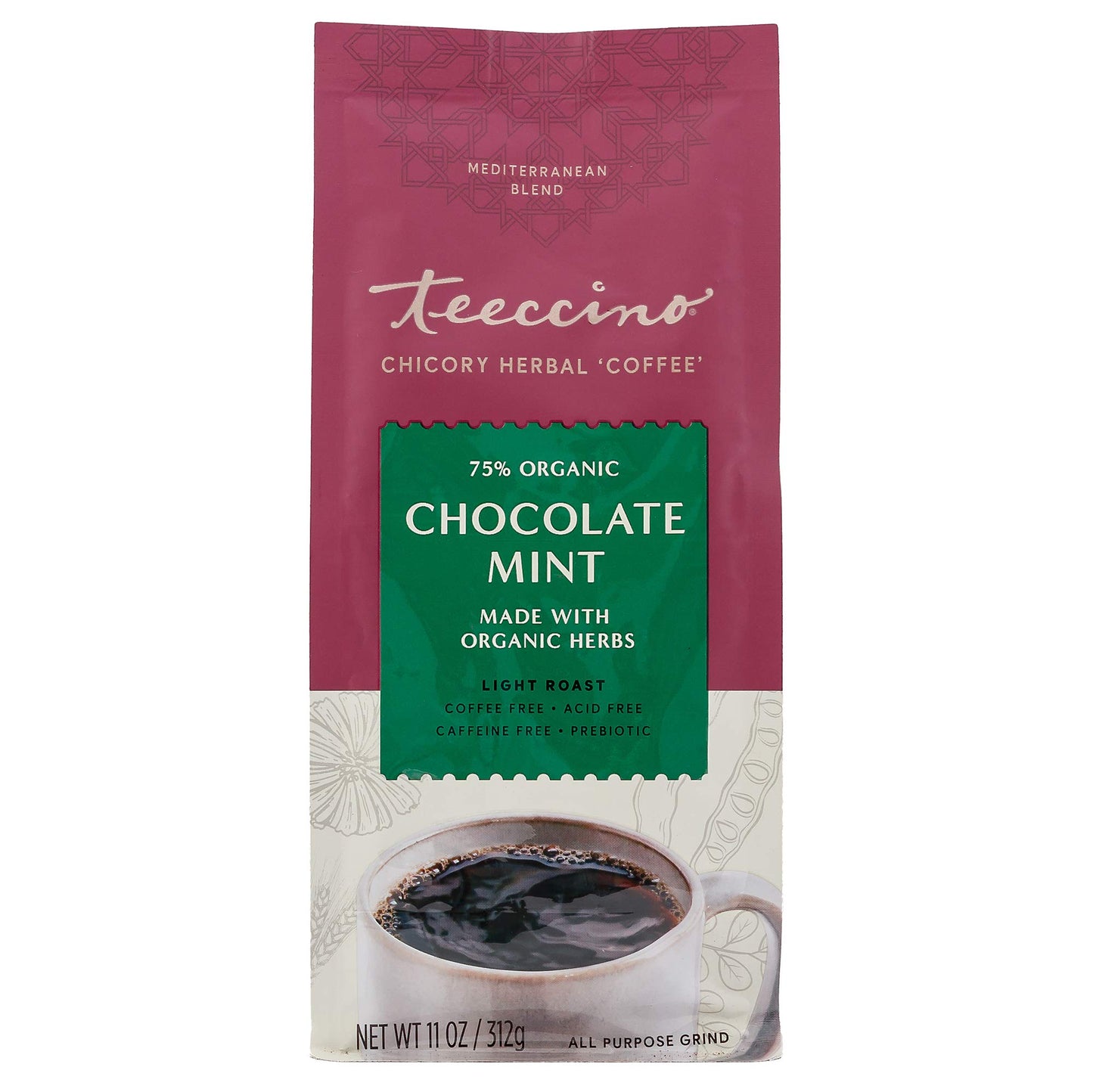 Teeccino Chocolate Mint Herbal Coffee Alternative, Caffeine Free, Light Roast, 11 Ounce (Pack of 3)