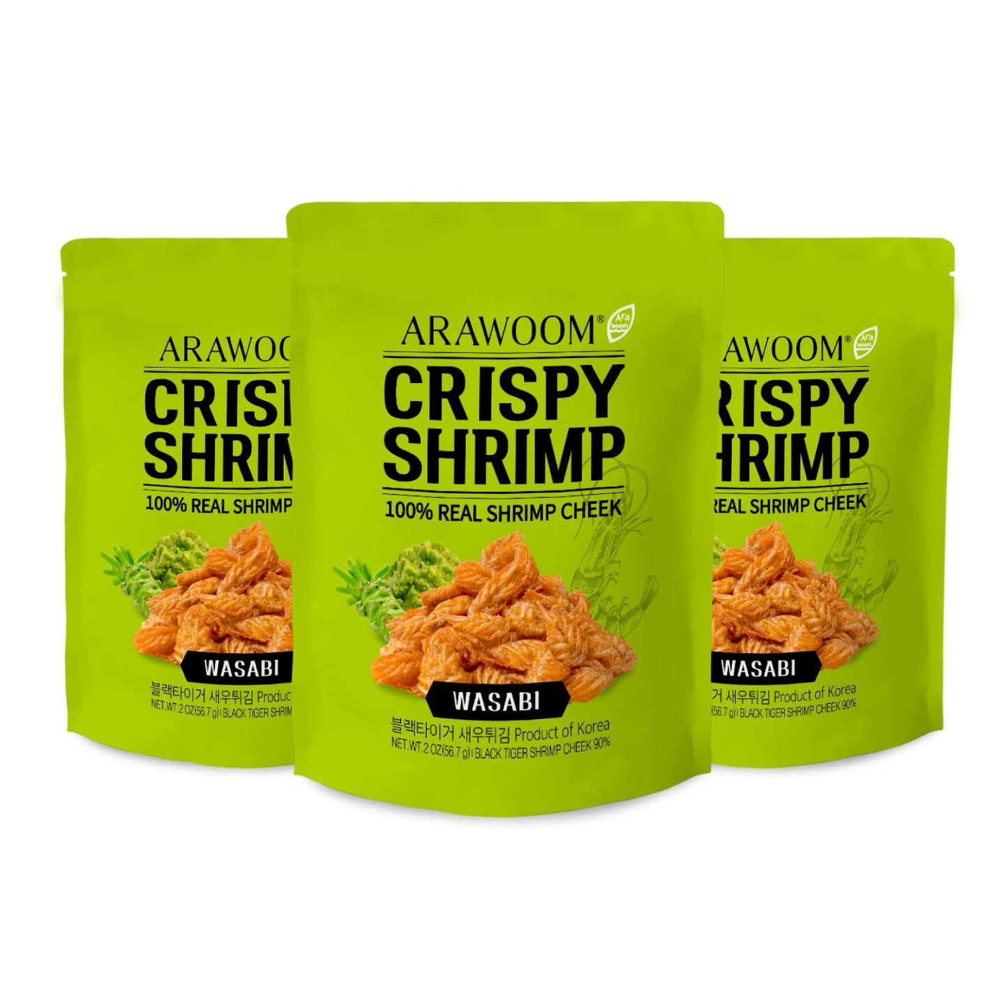 ARAWOOM - Real Crispy Shrimp Cheek Snack - 100% Real Black Tiger Shrimp [2 ounce (Pack of 3)] - Wasabi Flavors - Crunchy Treat f