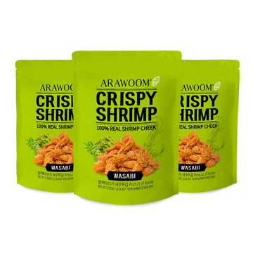 ARAWOOM - Real Crispy Shrimp Cheek Snack - 100% Real Black Tiger Shrimp [2 ounce (Pack of 3)] - Wasabi Flavors - Crunchy Treat f
