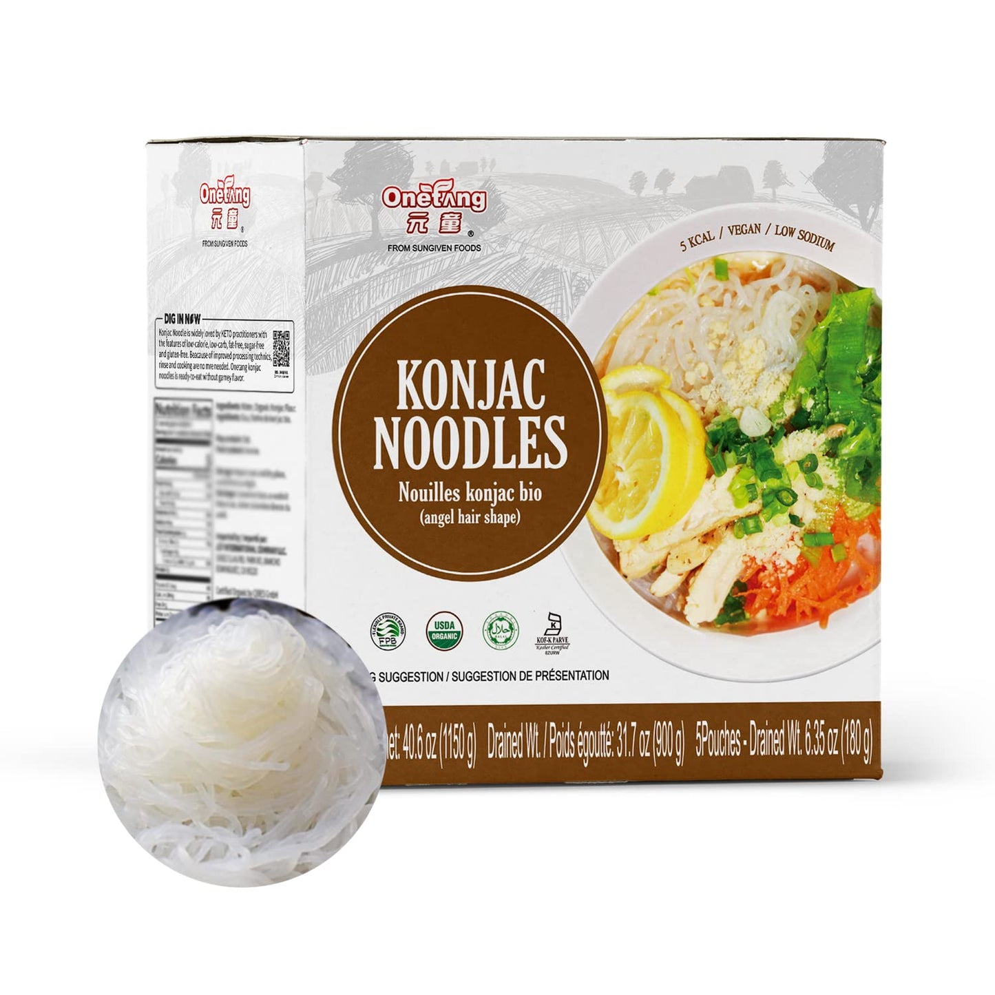 ONETANG Organic Shirataki Konjac Angel Hair Noodles, USDA Organic, Vegan, Gluten Free, Fat Free, Keto Friendly, Low Carbs 5 Pack