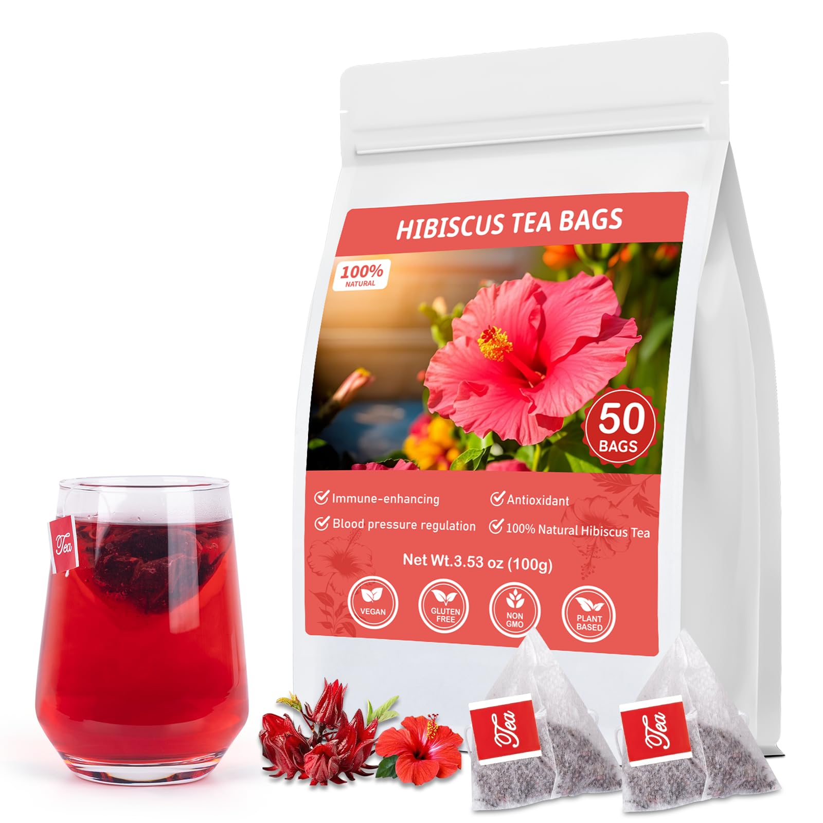 Hibiscus Tea Bags  100% Natural Hibiscus Flowers Herbal Tea Supports Heart Health  Boosts Immune Energy Blend Free  Non-Gmo  No Sugar(1 Pack/50 Bags)