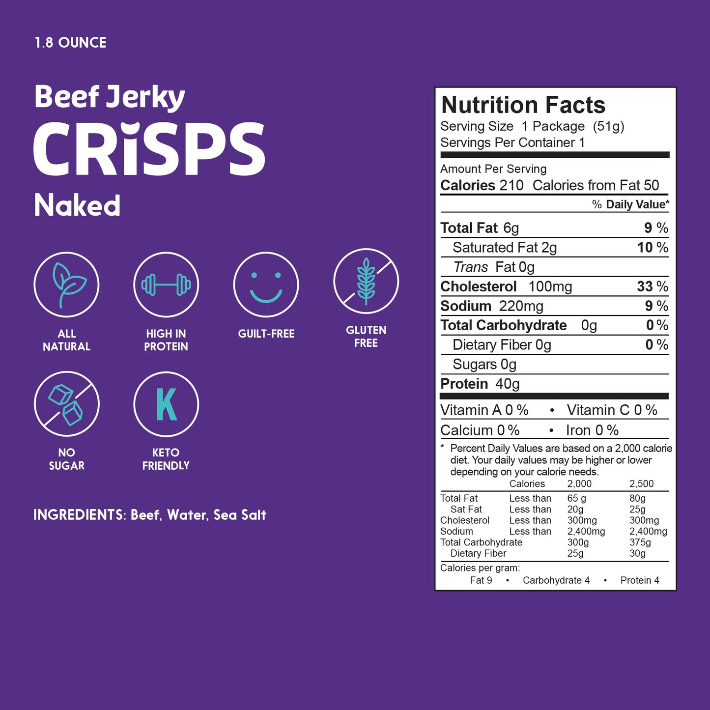 Peoples Choice Beef Jerky - Jerky Crisps - Naked - Three Ingredients - Beef, Water, Sea Salt - Sugar Free, Zero Carb, Gluten Free, Keto Friendly, Carnivore Diet, 40G Protein Per Package - Thin, Crispy, Crunchy - 1.8 Oz (4 Pack)